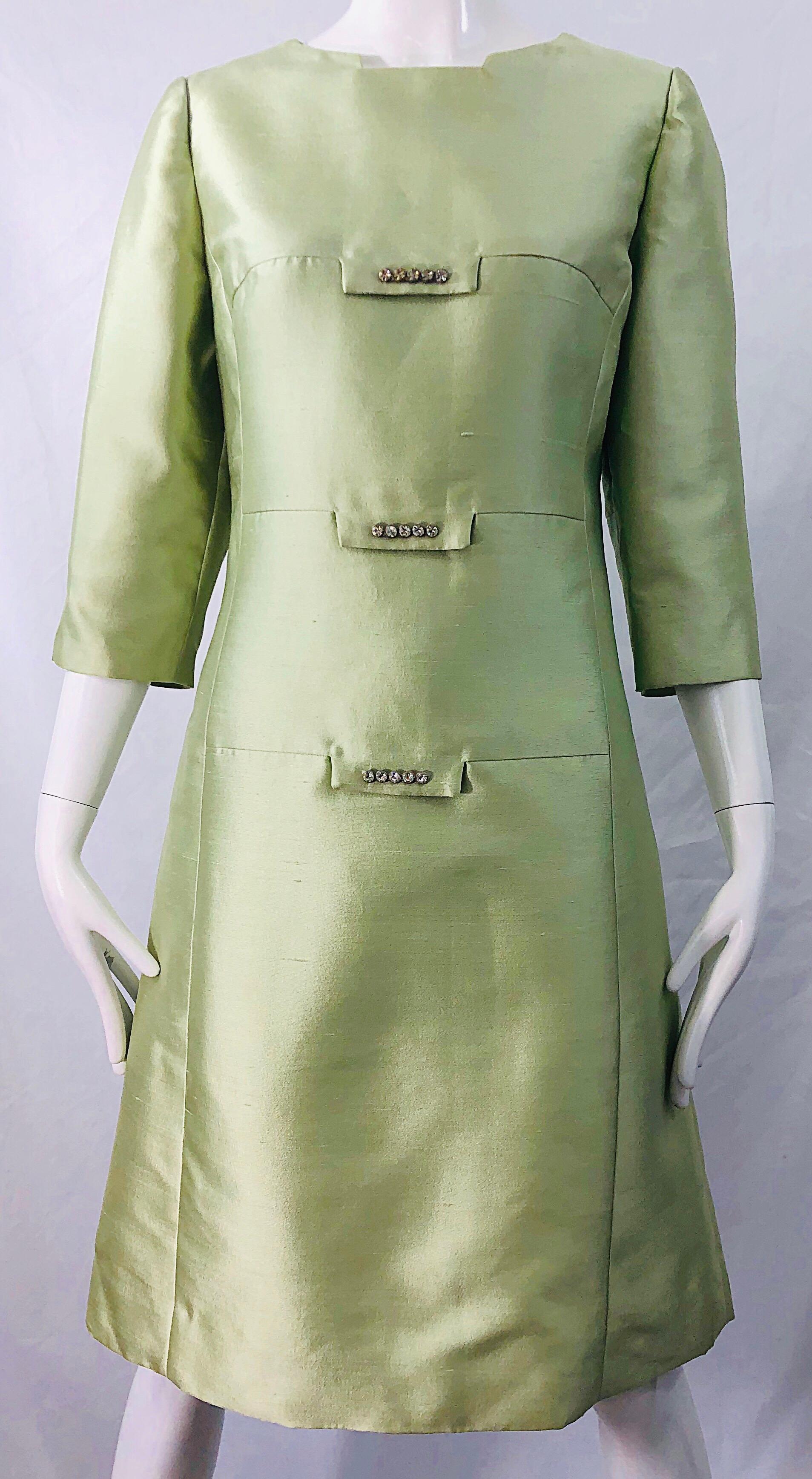 Women's Chic 1960s Mint Green Silk Shantung Rhinestone Vintage 60s A Line Dress For Sale