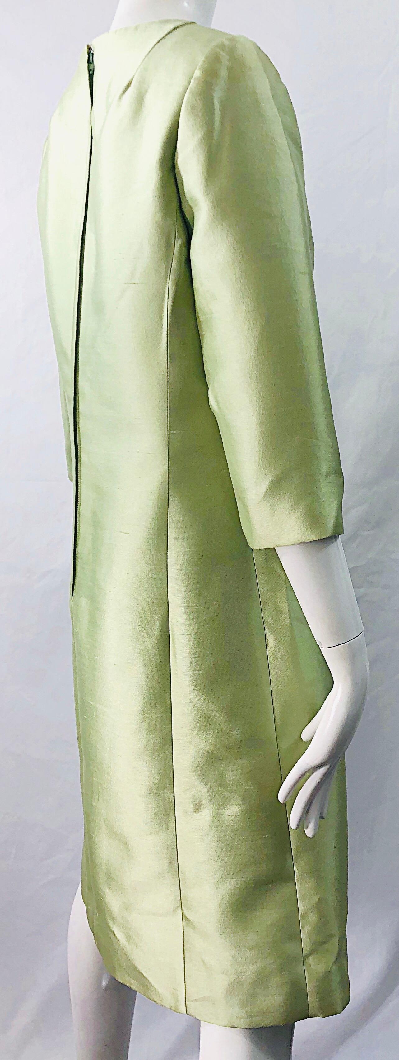 Chic 1960s Mint Green Silk Shantung Rhinestone Vintage 60s A Line Dress For Sale 1