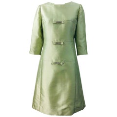 Robe trapèze chic vintage en soie Shantung vert menthe avec strass, années 1960