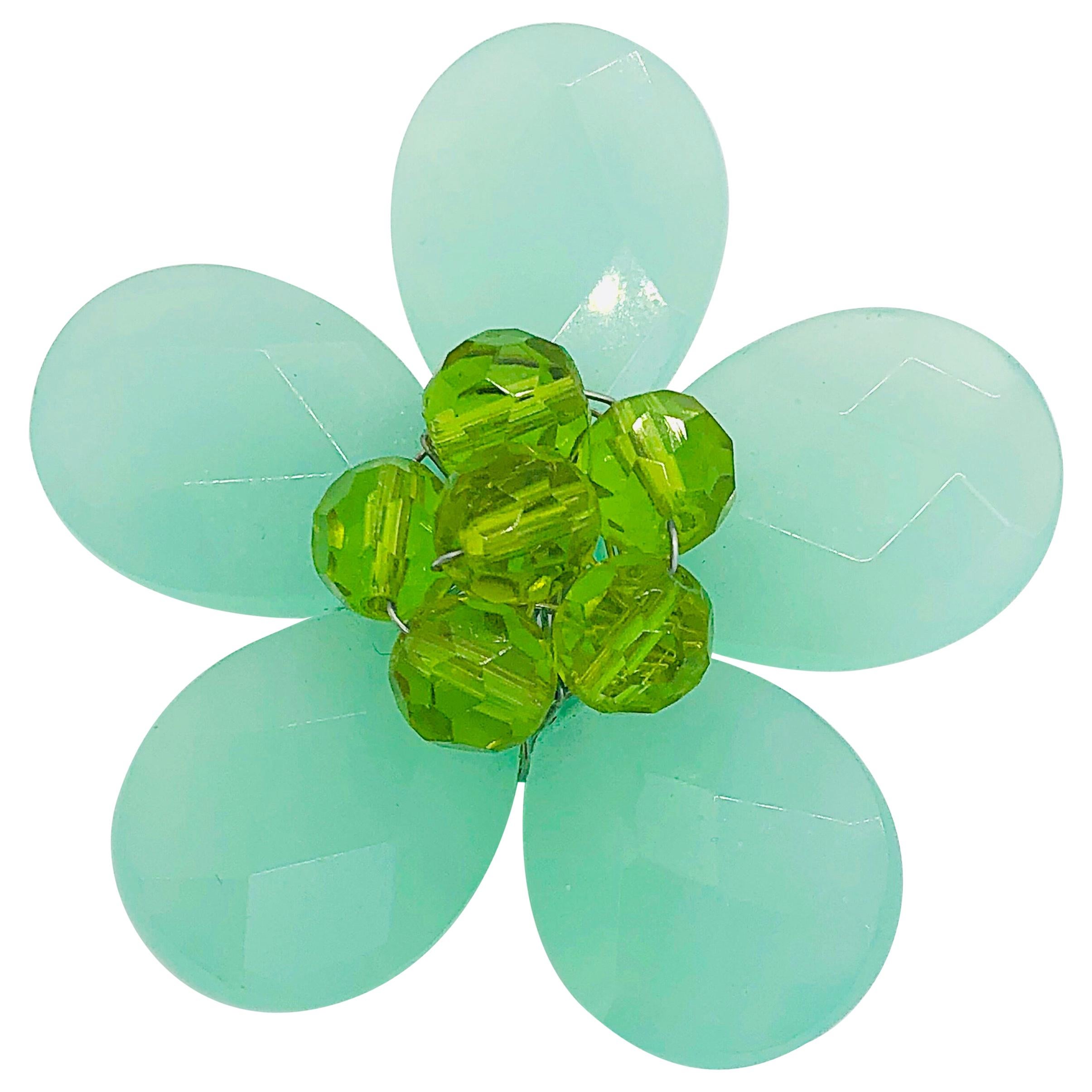 Chic 1960s Mint + Lime Green Beaded Flower Lucite Vintage 60s Brooch Pin Mod For Sale