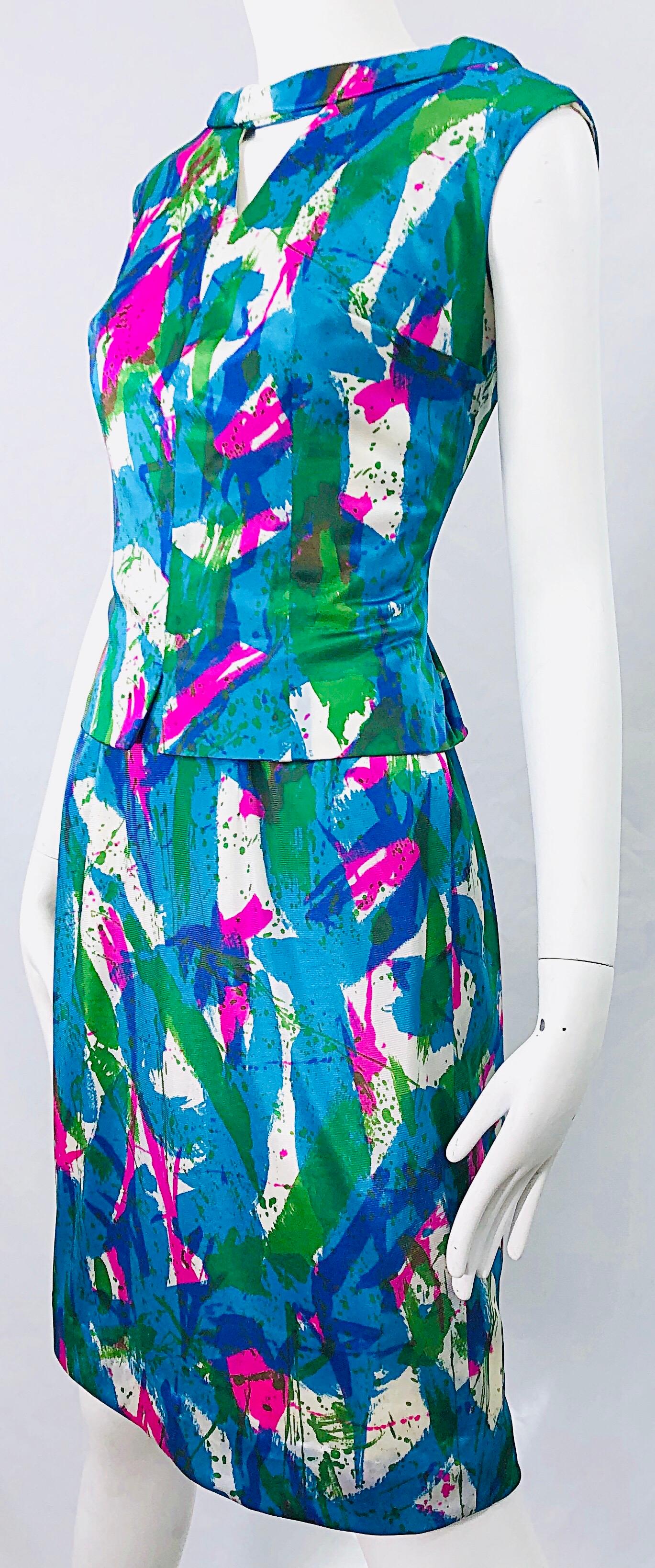 Chic 1960s Neon Abstract Print Two Piece Vintage 60s Sheath Dress + Top Blouse For Sale 2