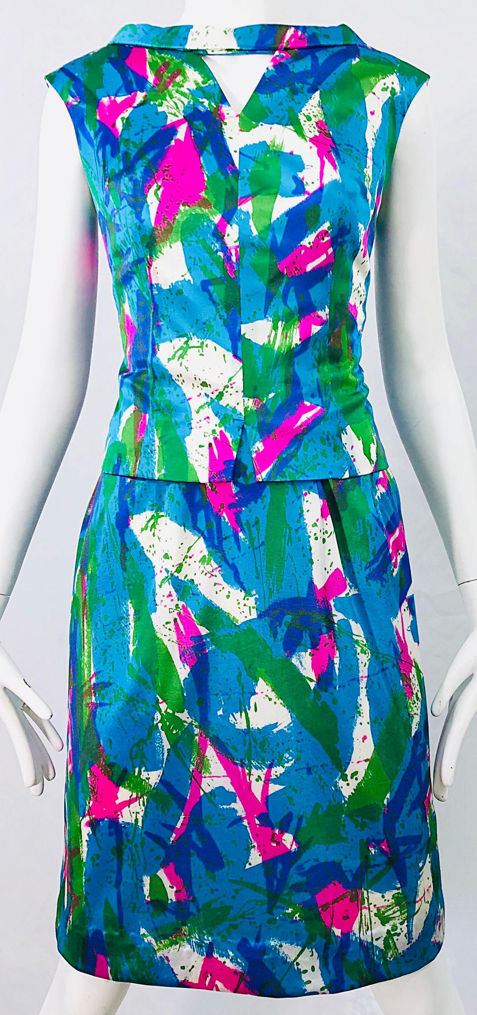 Chic 1960s Neon Abstract Print Two Piece Vintage 60s Sheath Dress + Top Blouse  For Sale 3