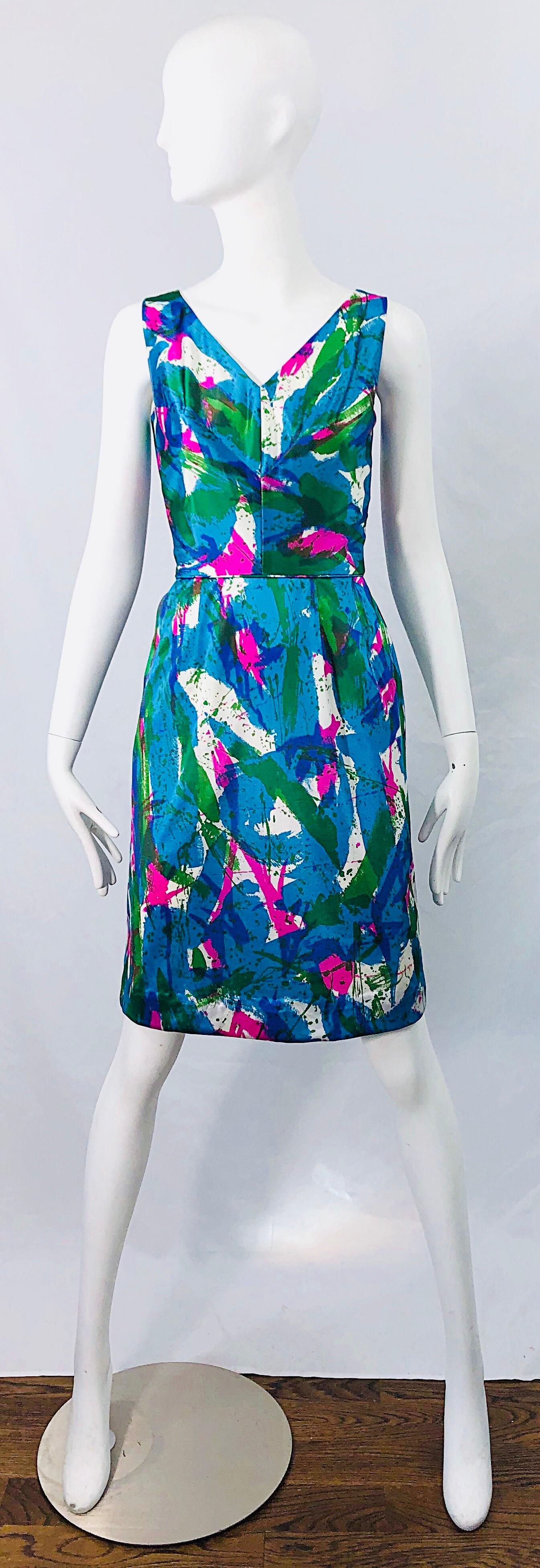 Chic 1960s Neon Abstract Print Two Piece Vintage 60s Sheath Dress + Top Blouse  For Sale 4