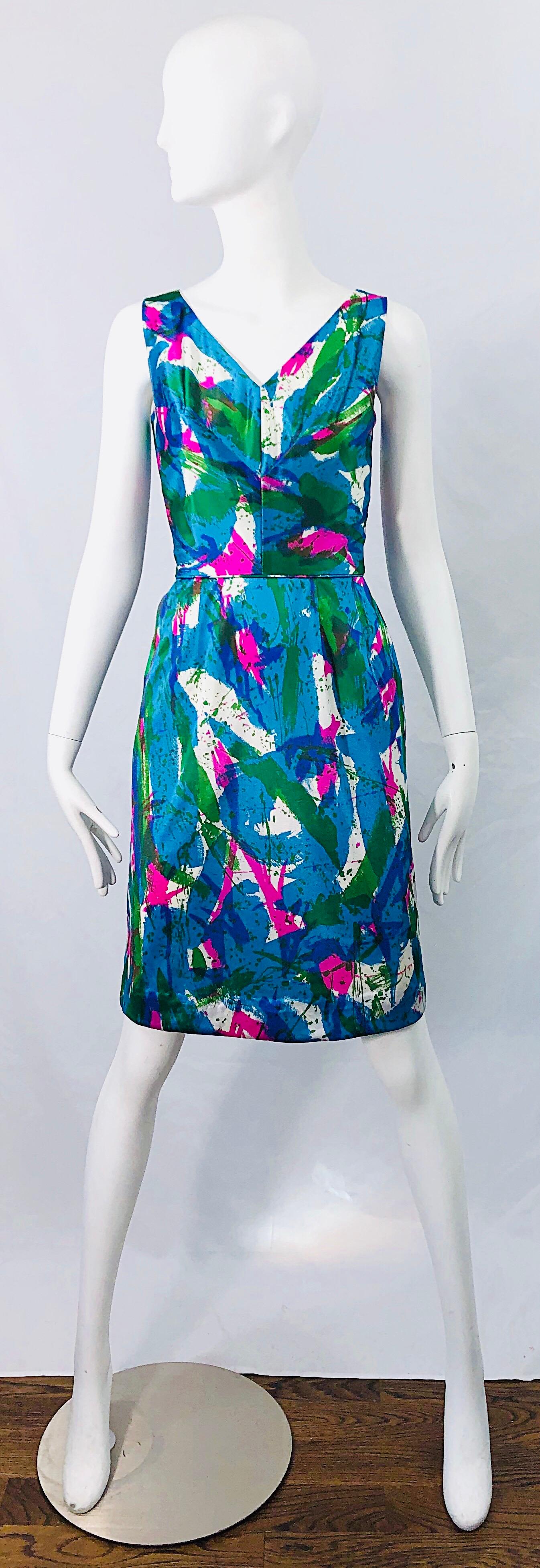 Chic 1960s Neon Abstract Print Two Piece Vintage 60s Sheath Dress + Top Blouse For Sale 4