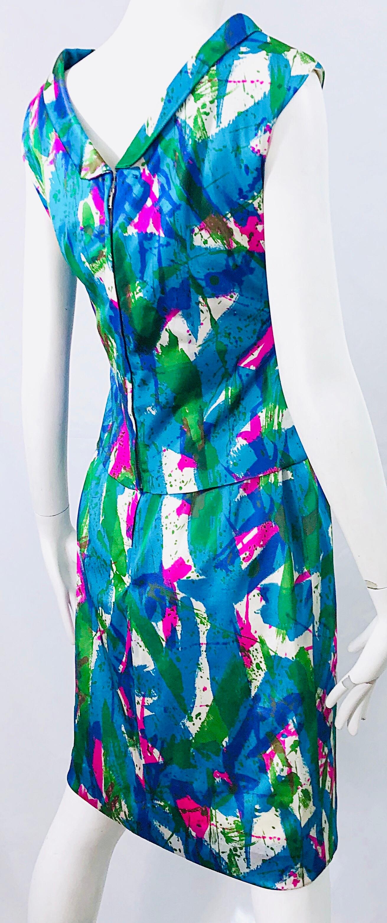Chic 1960s Neon Abstract Print Two Piece Vintage 60s Sheath Dress + Top Blouse  For Sale 5