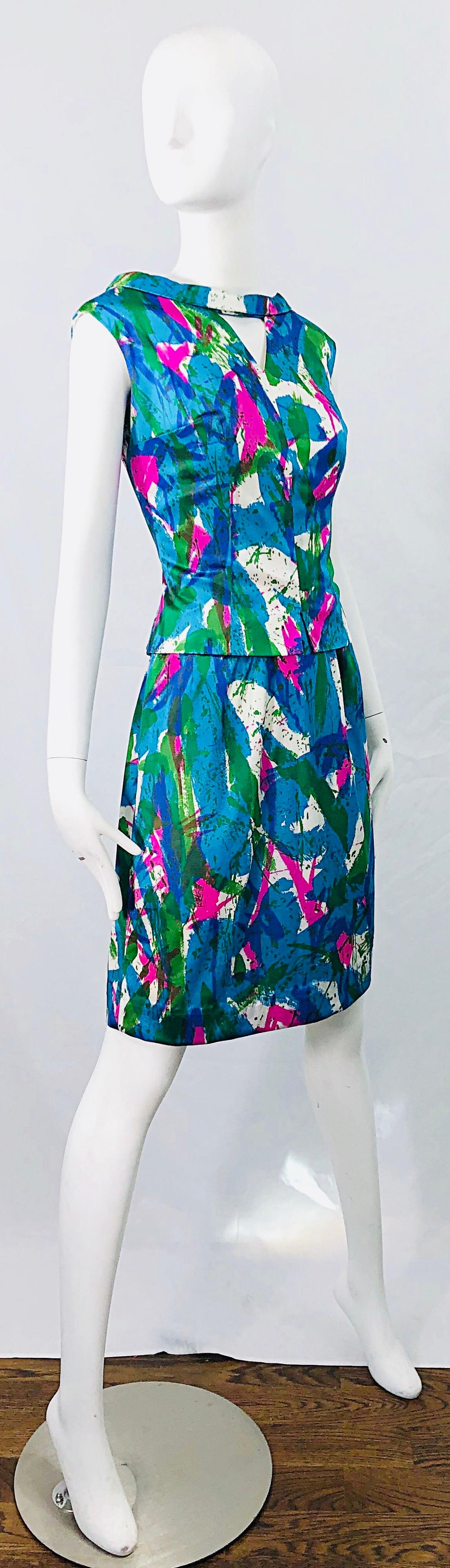 Chic 1960s Neon Abstract Print Two Piece Vintage 60s Sheath Dress + Top Blouse  For Sale 6