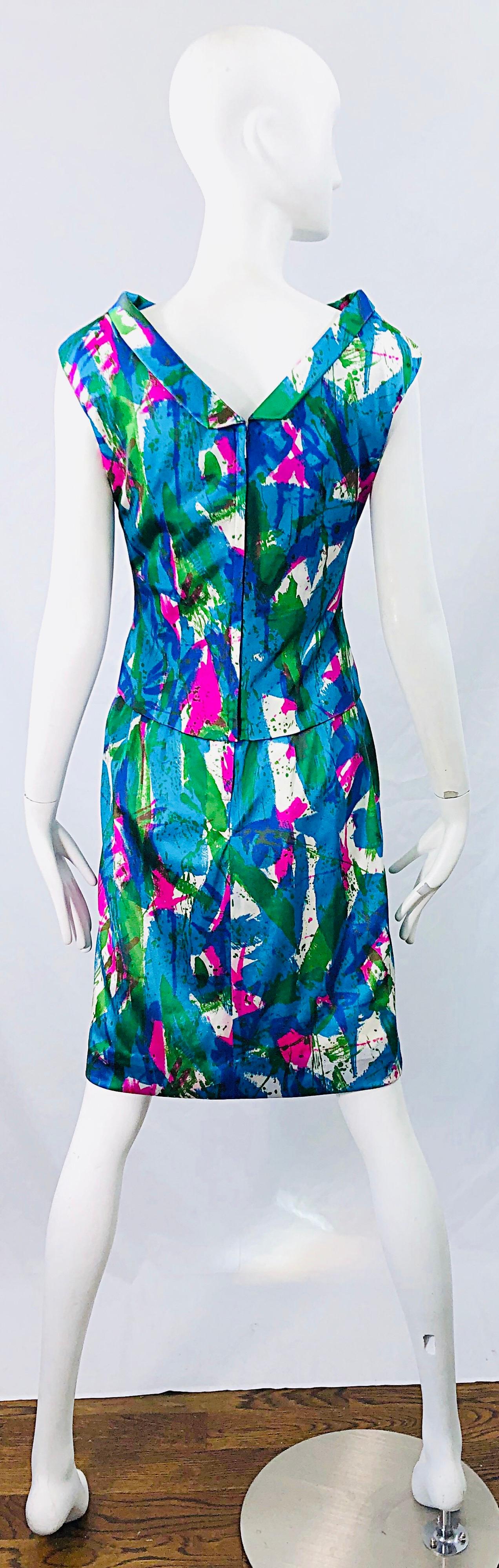 Chic 1960s Neon Abstract Print Two Piece Vintage 60s Sheath Dress + Top Blouse  For Sale 7