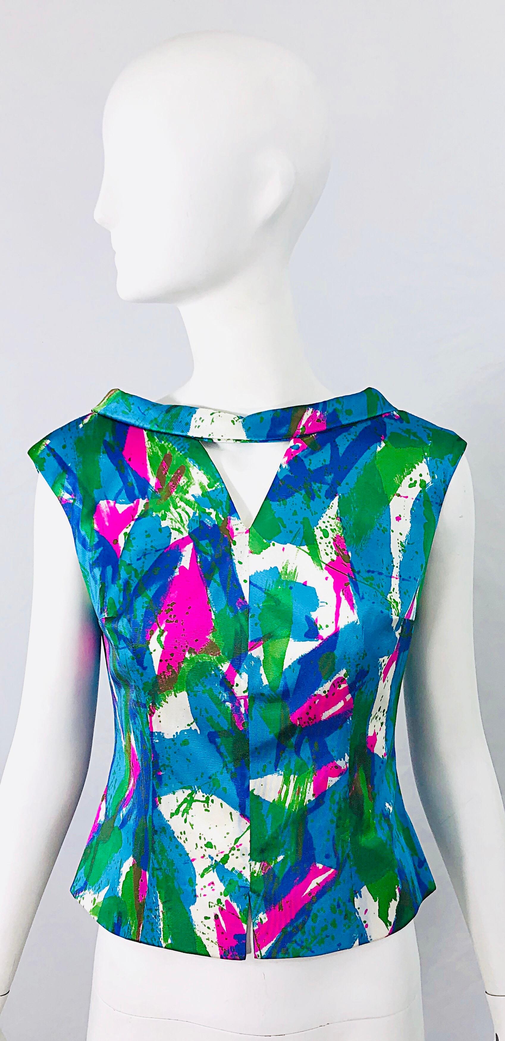 Chic 1960s Neon Abstract Print Two Piece Vintage 60s Sheath Dress + Top Blouse For Sale 8