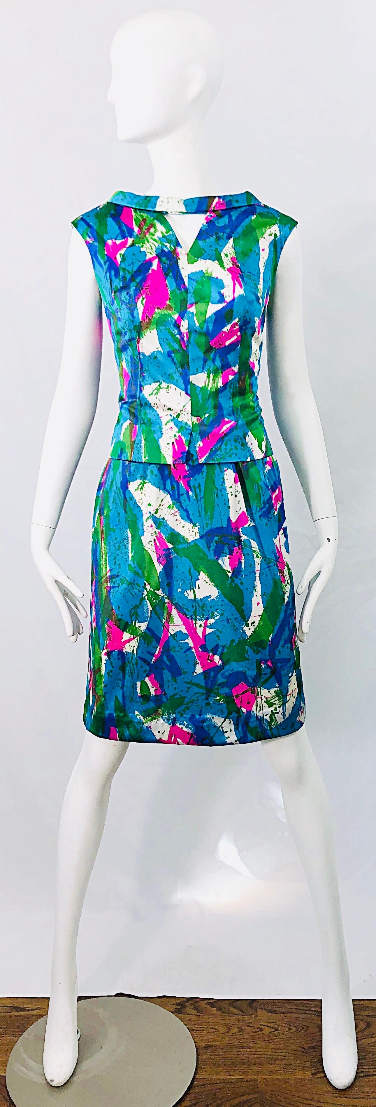 Chic 1960s Neon Abstract Print Two Piece Vintage 60s Sheath Dress + Top Blouse  For Sale 9