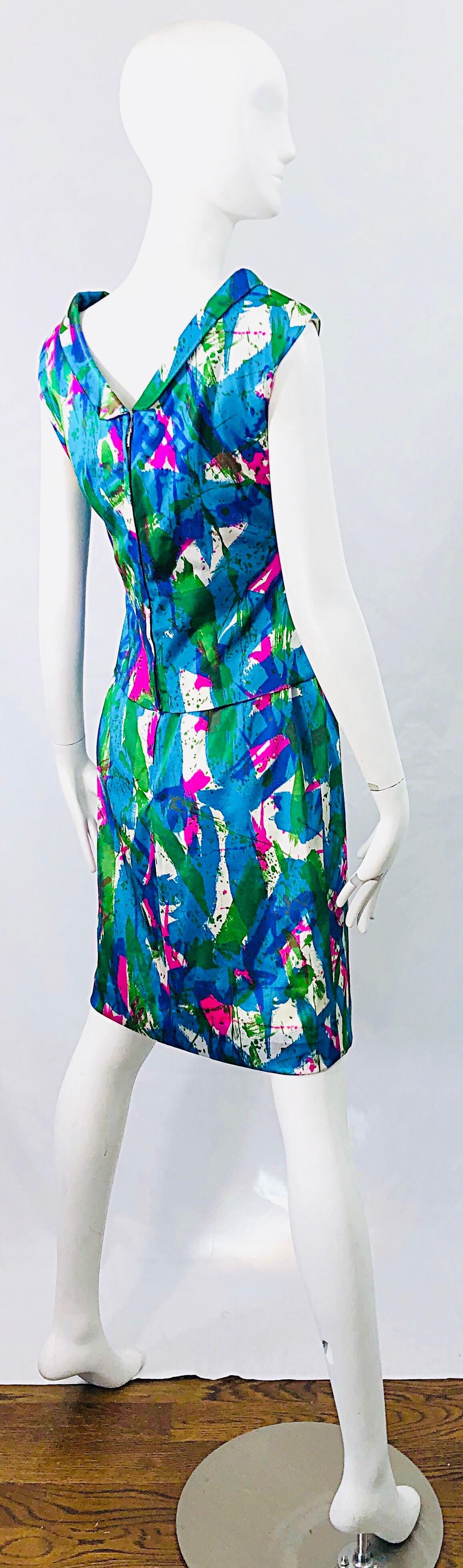 Blue Chic 1960s Neon Abstract Print Two Piece Vintage 60s Sheath Dress + Top Blouse  For Sale