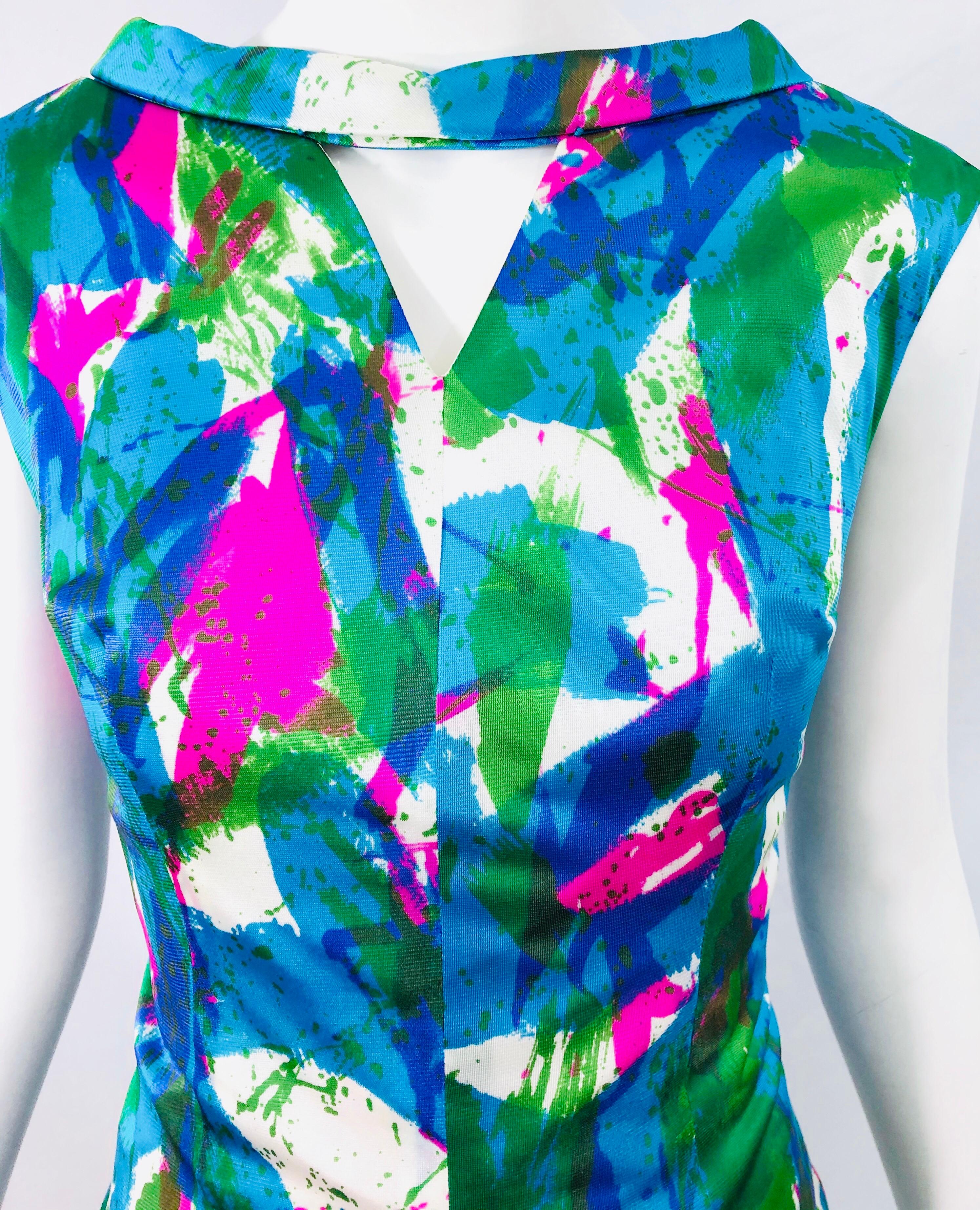 Chic 1960s Neon Abstract Print Two Piece Vintage 60s Sheath Dress + Top Blouse  In Excellent Condition For Sale In San Diego, CA