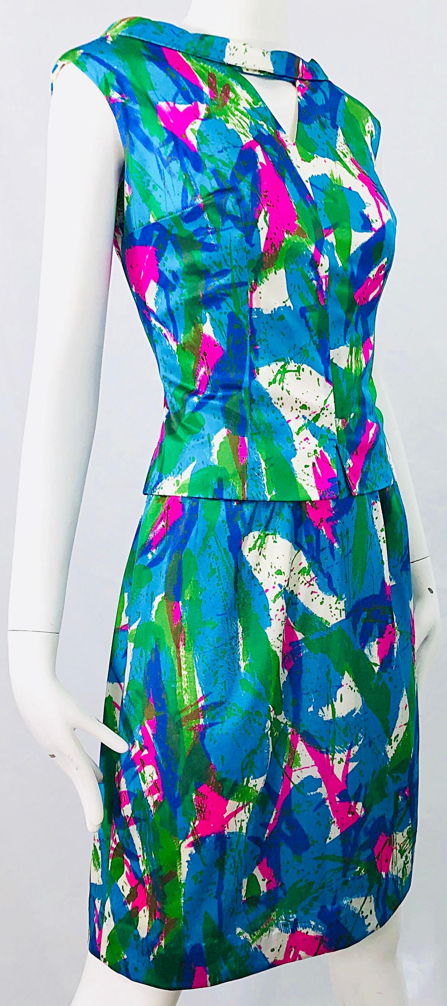 Women's Chic 1960s Neon Abstract Print Two Piece Vintage 60s Sheath Dress + Top Blouse  For Sale