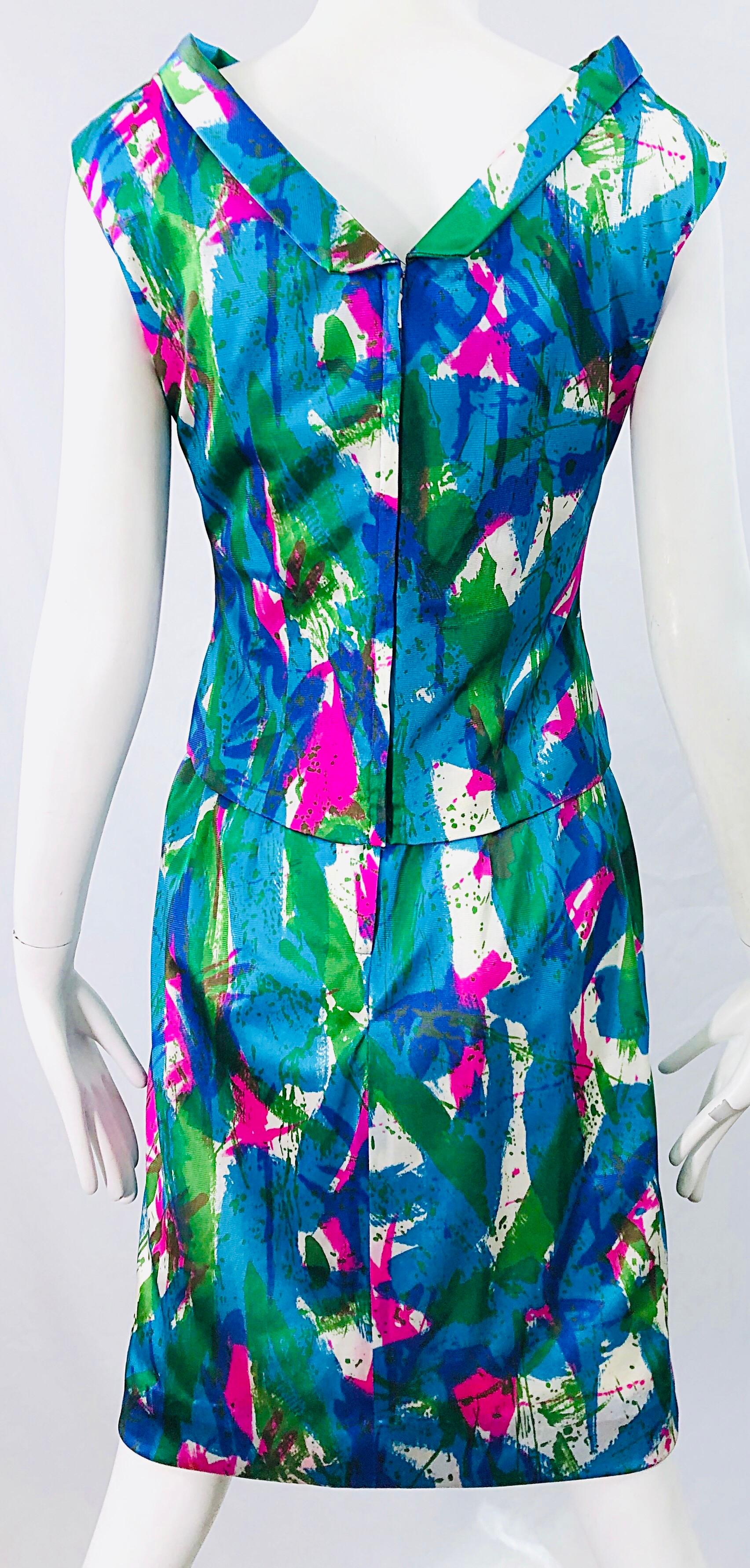 Chic 1960s Neon Abstract Print Two Piece Vintage 60s Sheath Dress + Top Blouse  For Sale 1