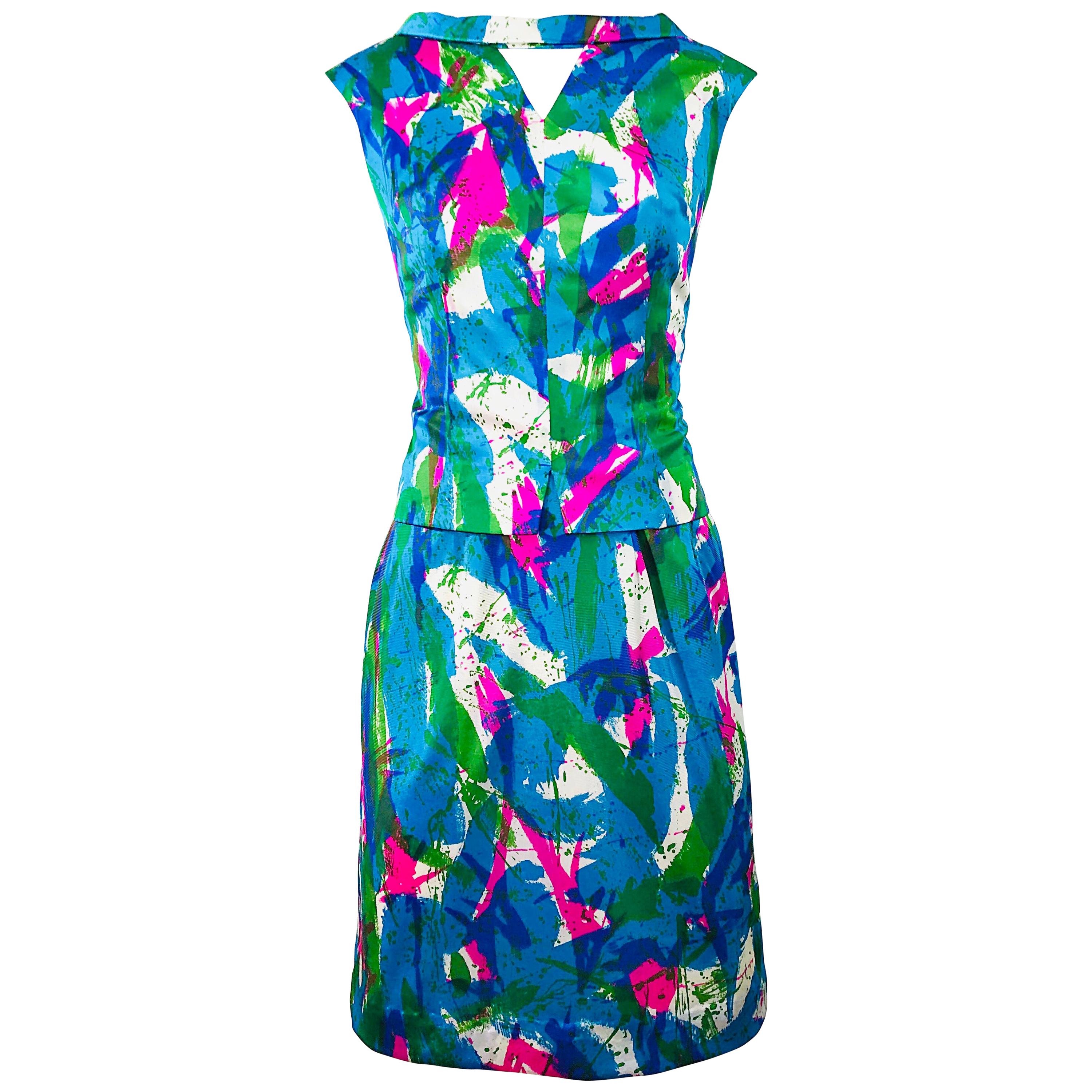 Chic 1960s Neon Abstract Print Two Piece Vintage 60s Sheath Dress + Top Blouse 