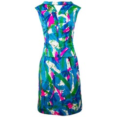 Chic 1960s Neon Abstract Print Two Piece Retro 60s Sheath Dress + Top Blouse 