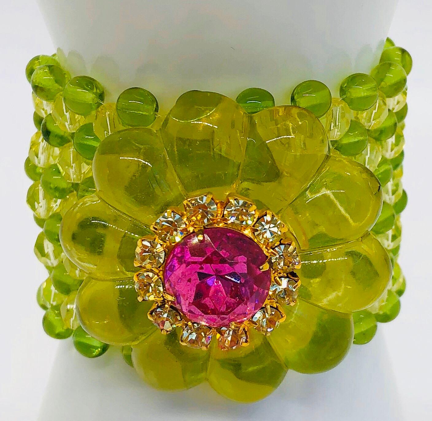 Chic 1960s Neon Lime Green + Hot Pink Lucite Vintage 60s Flower Bracelet Cuff 6