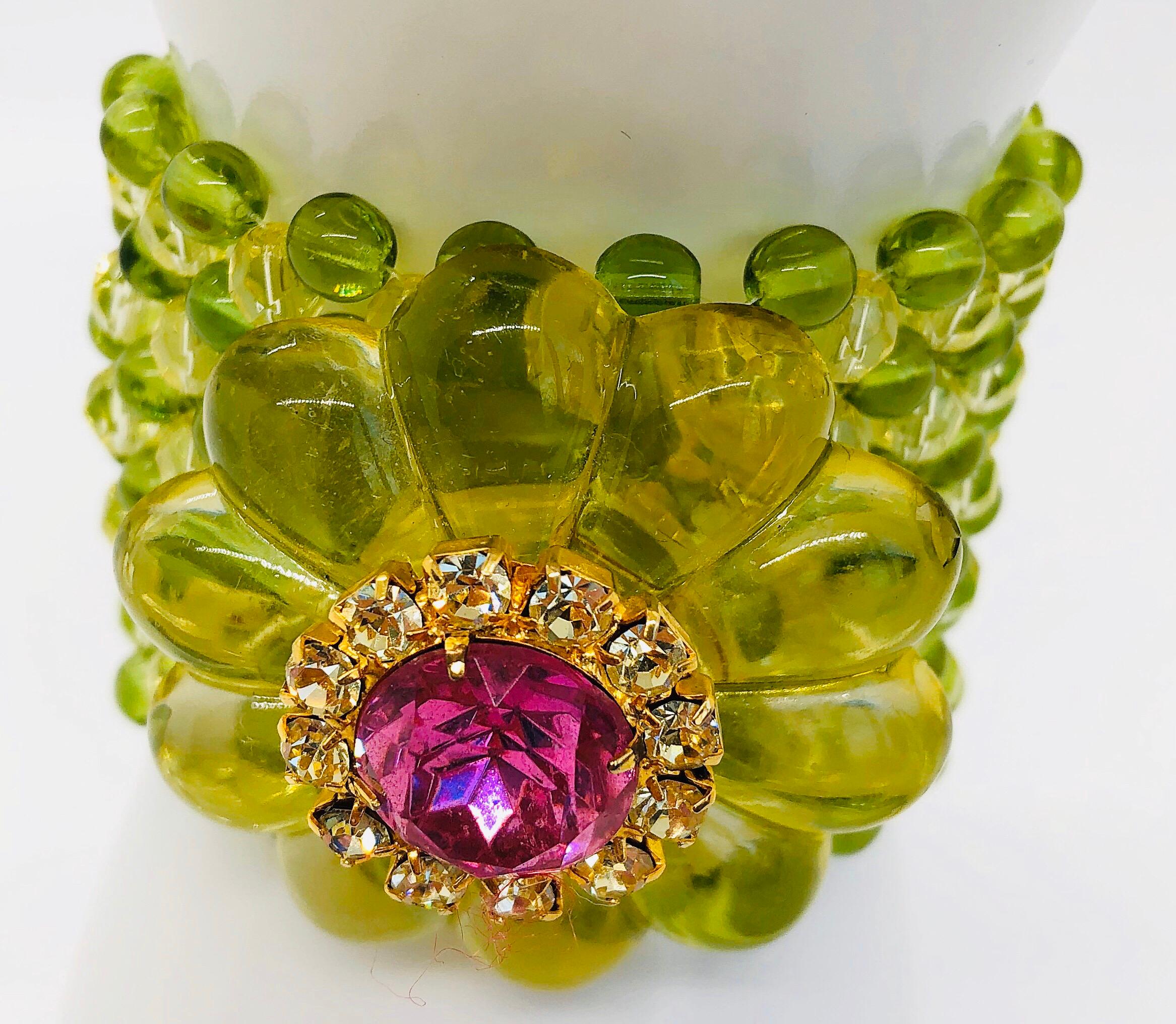 Chic 1960s Neon Lime Green + Hot Pink Lucite Vintage 60s Flower Bracelet Cuff 7