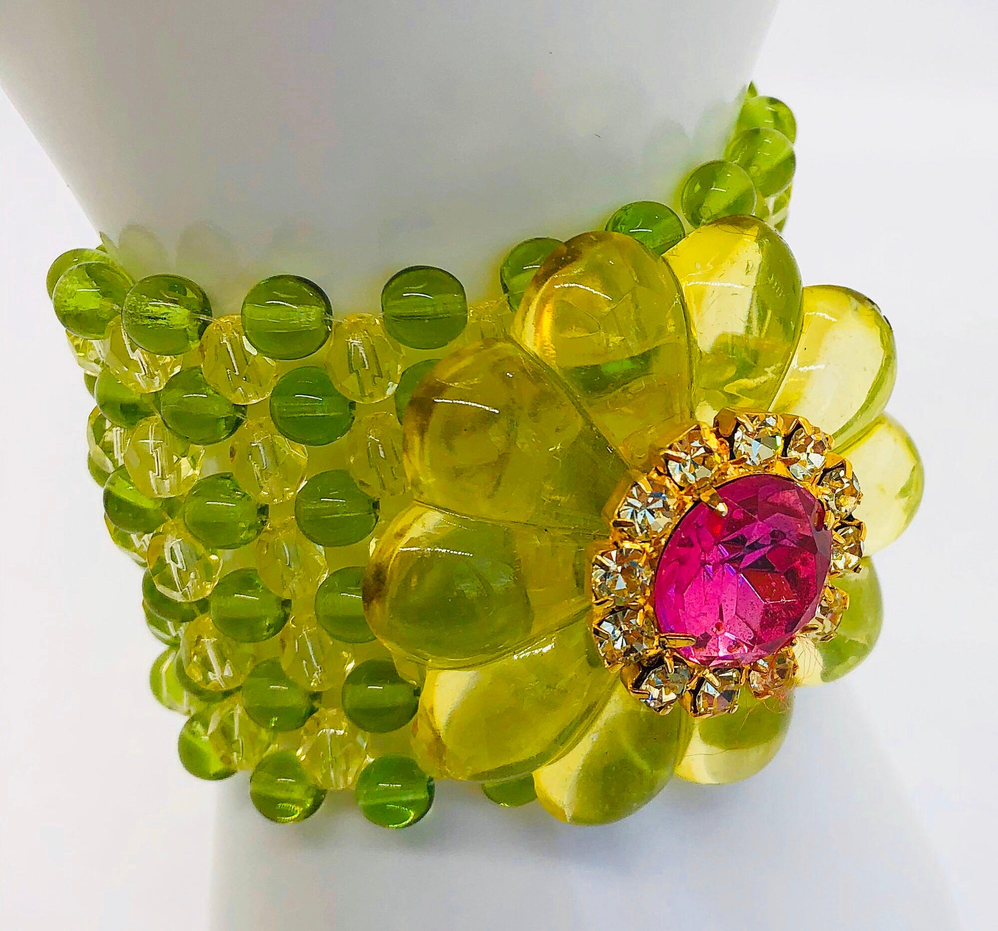 Chic 1960s Neon Lime Green + Hot Pink Lucite Vintage 60s Flower Bracelet Cuff 8