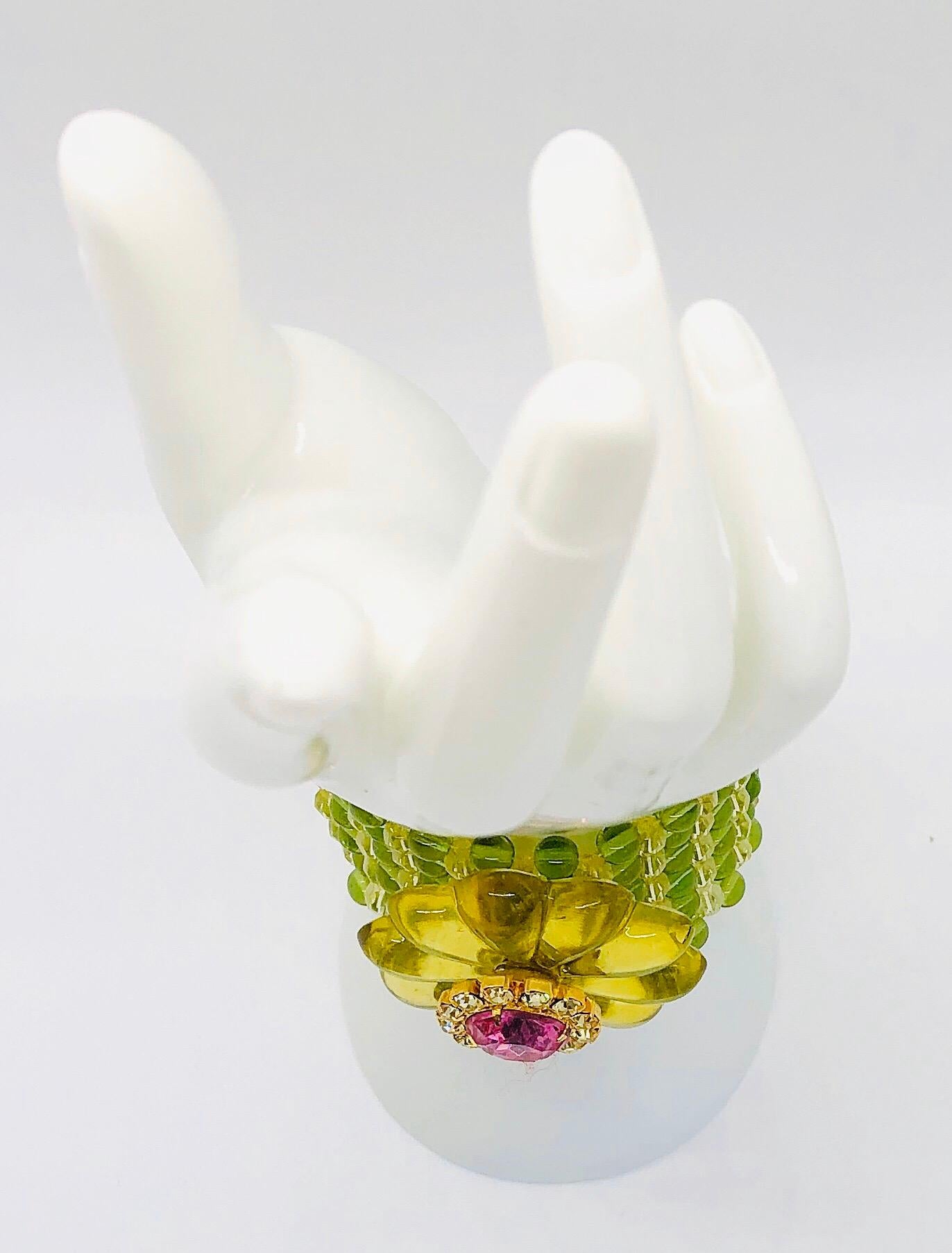 Chic 1960s Neon Lime Green + Hot Pink Lucite Vintage 60s Flower Bracelet Cuff 9