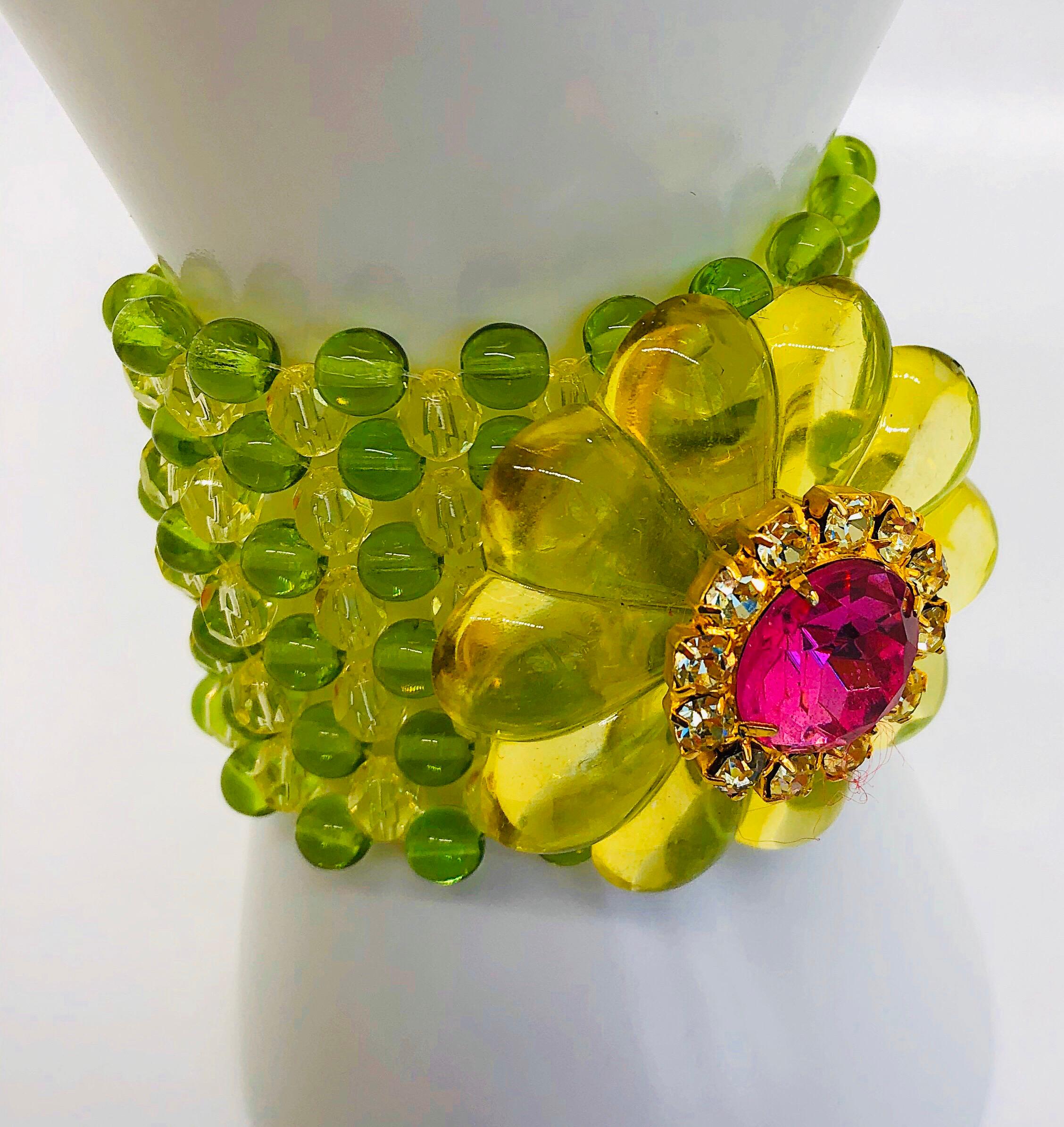 Chic 1960s Neon Lime Green + Hot Pink Lucite Vintage 60s Flower Bracelet Cuff 10