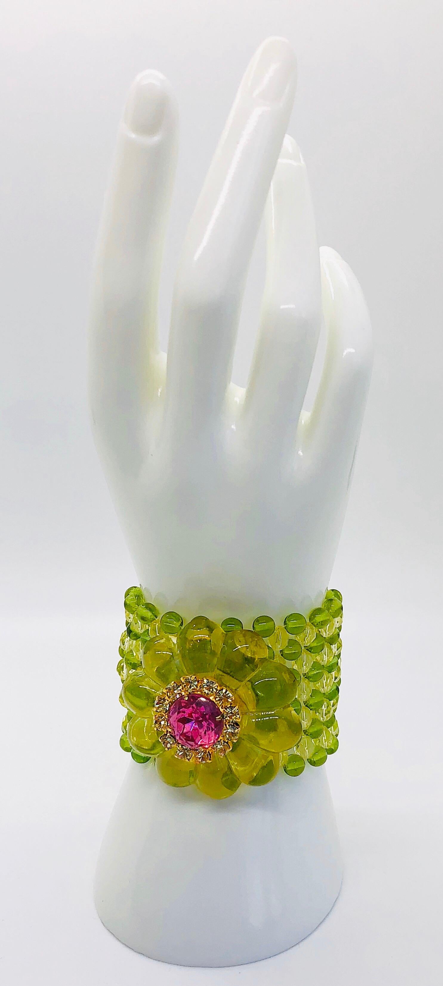 Chic 1960s Neon Lime Green + Hot Pink Lucite Vintage 60s Flower Bracelet Cuff 11