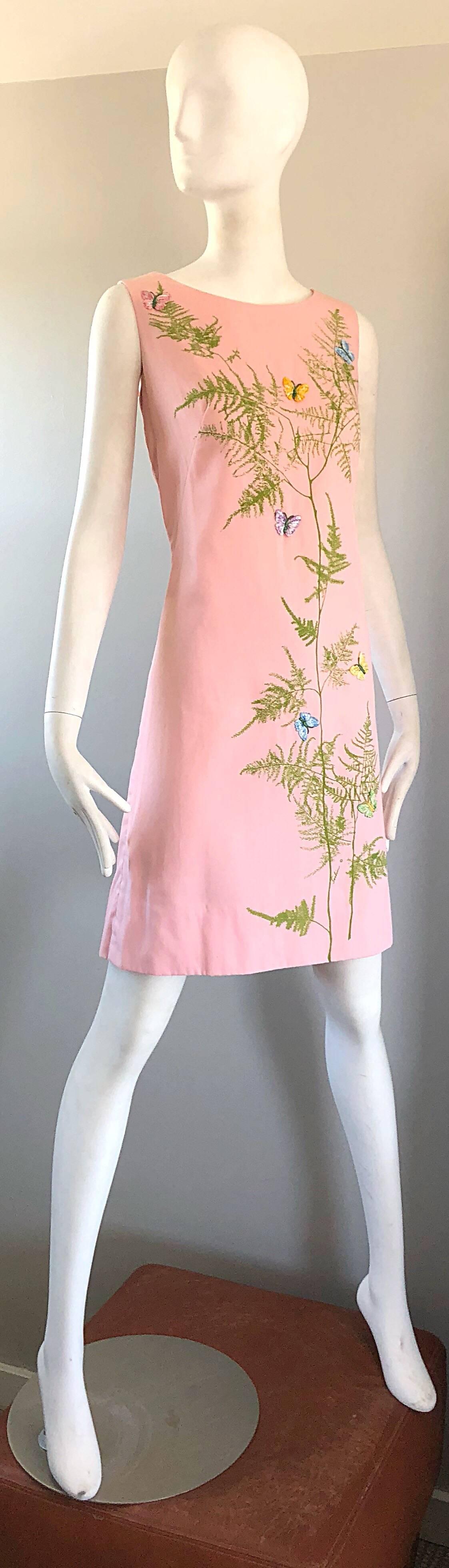 Chic 1960s Pale Pink Trees + Embrodiered Butterflies Novelty Vintage Shift Dress 6