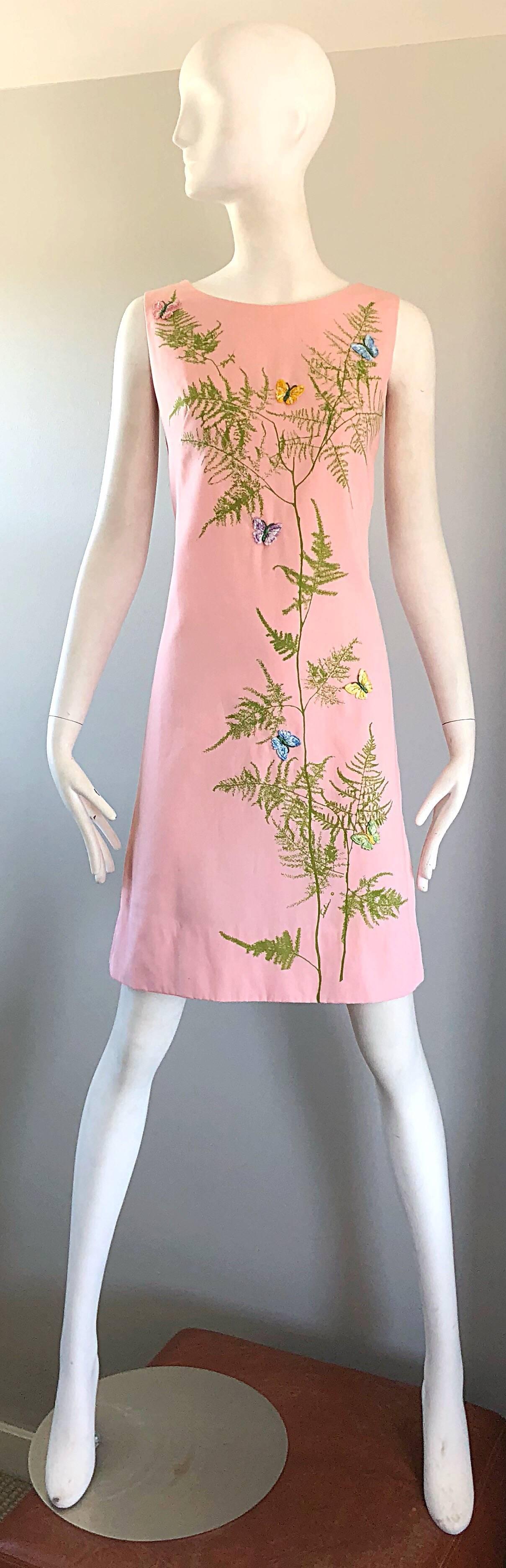 Chic 1960s Pale Pink Trees + Embrodiered Butterflies Novelty Vintage Shift Dress 8