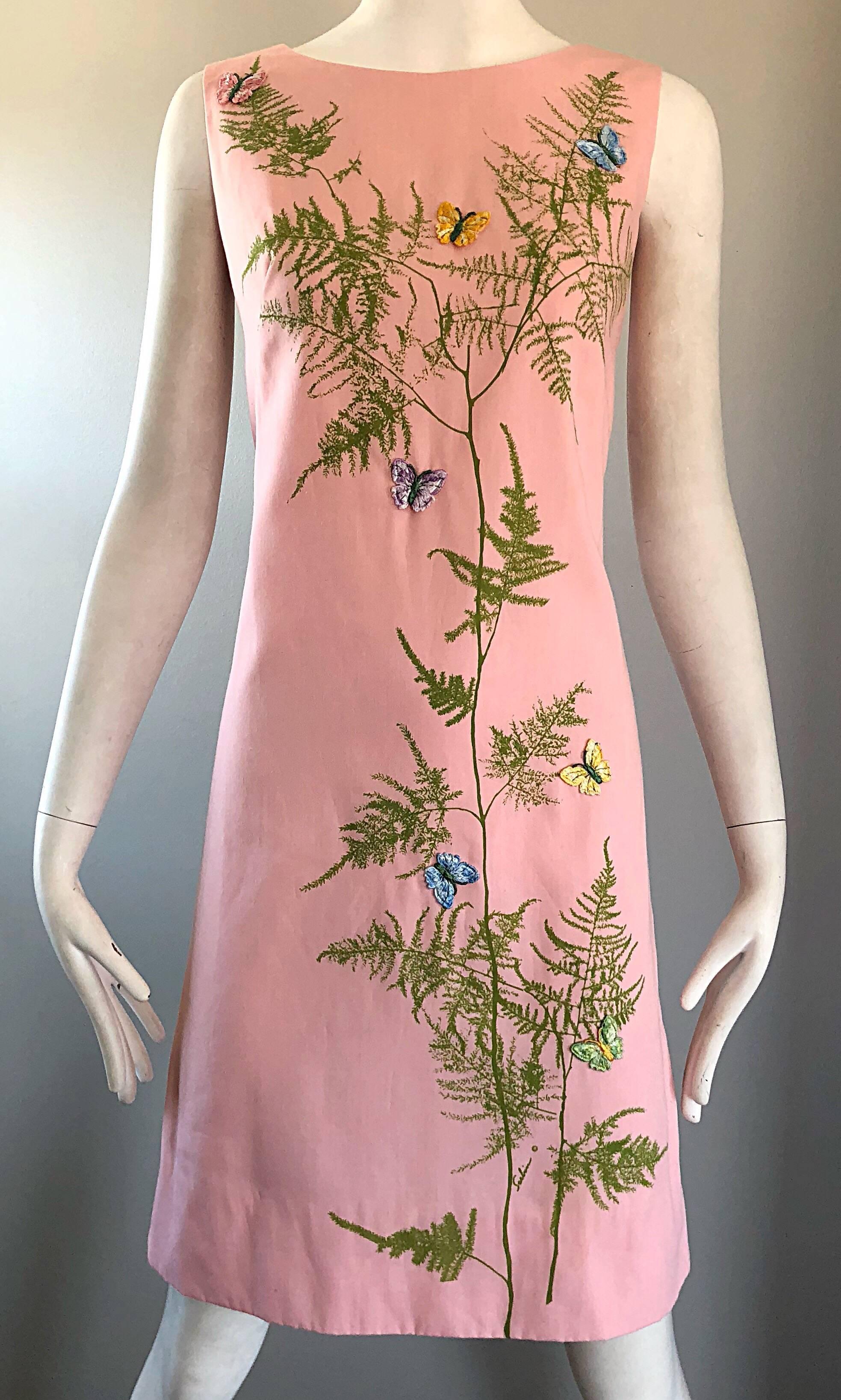 Beige Chic 1960s Pale Pink Trees + Embrodiered Butterflies Novelty Vintage Shift Dress