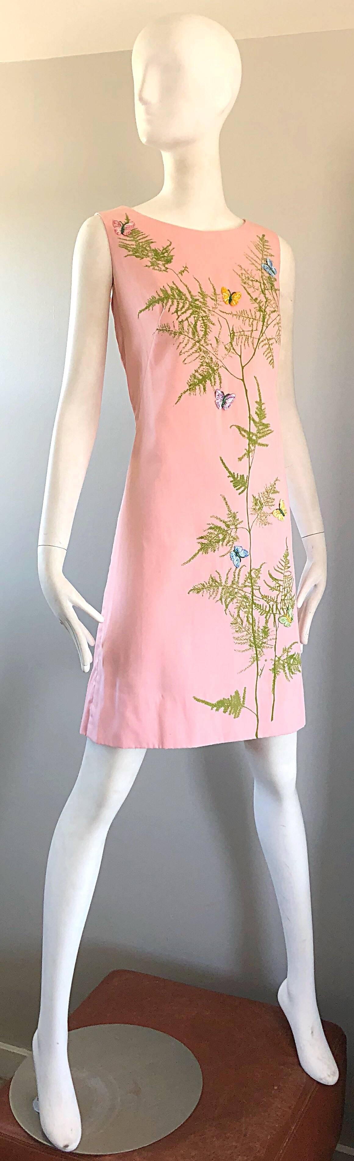 Chic 1960s Pale Pink Trees + Embrodiered Butterflies Novelty Vintage Shift Dress In Excellent Condition In San Diego, CA