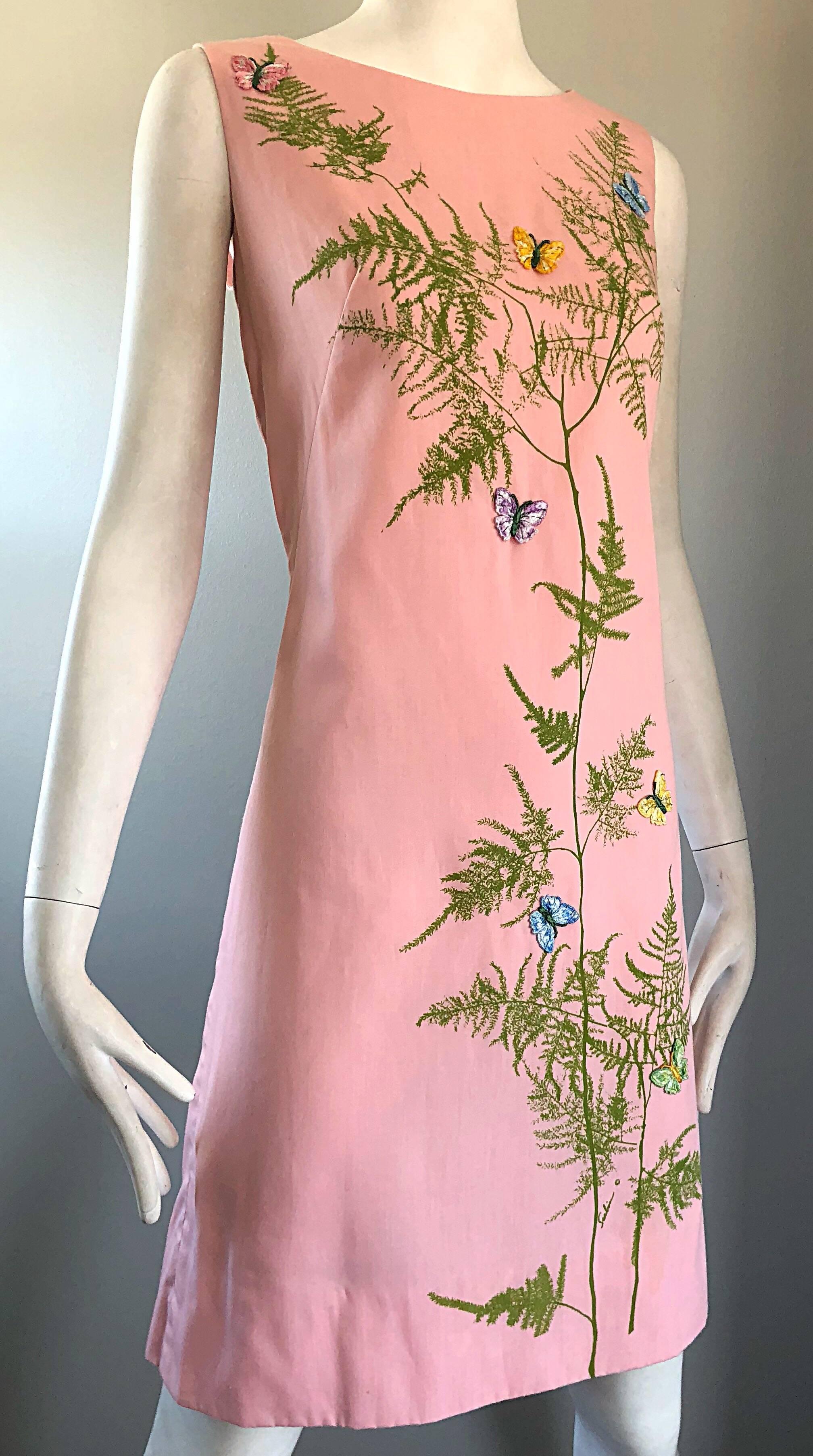 Chic 1960s Pale Pink Trees + Embrodiered Butterflies Novelty Vintage Shift Dress 1
