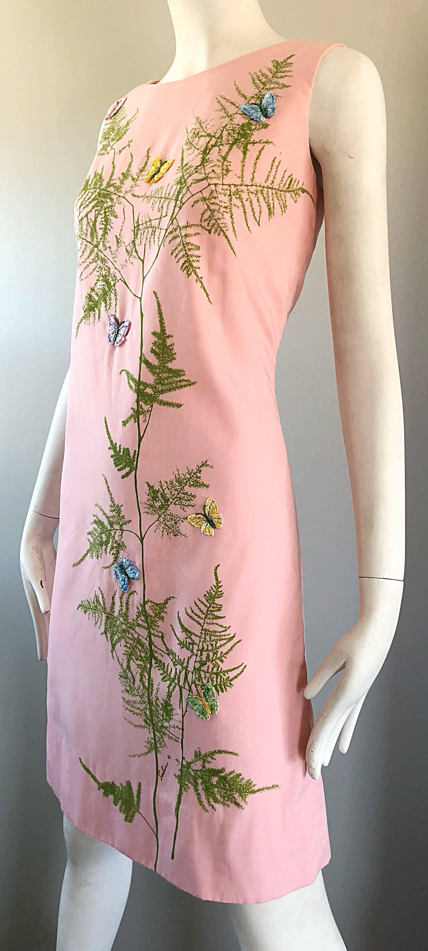 Chic 1960s Pale Pink Trees + Embrodiered Butterflies Novelty Vintage Shift Dress 2