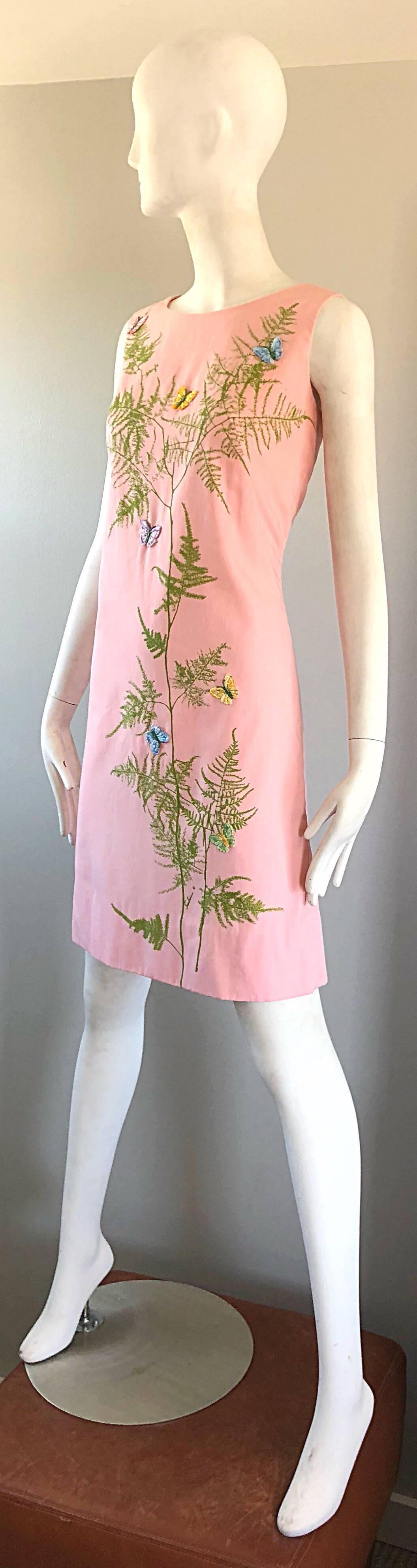 Chic 1960s Pale Pink Trees + Embrodiered Butterflies Novelty Vintage Shift Dress 3