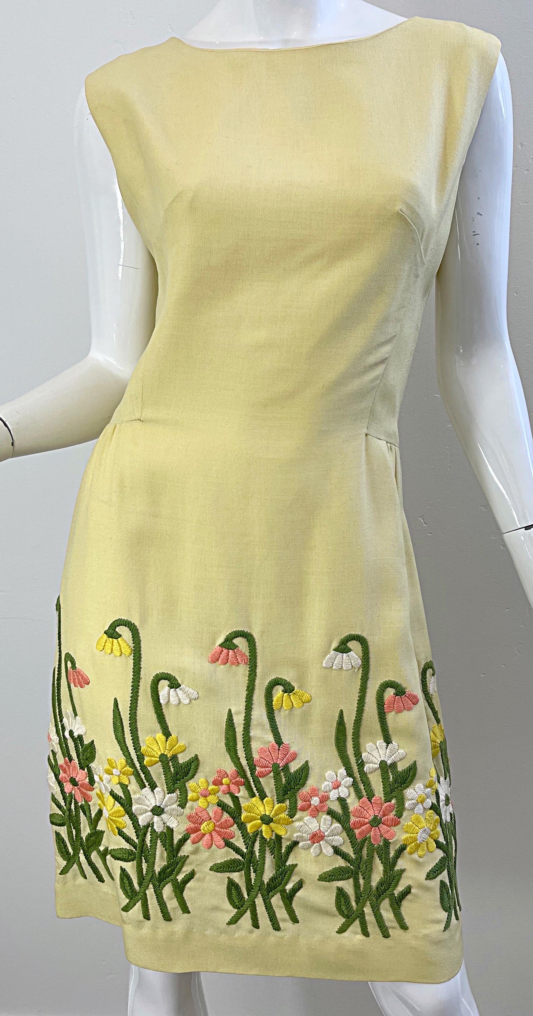 Chic 1960s Pale Yellow Embroidered Flower Linen Vintage 60s Sheath Dress For Sale 2