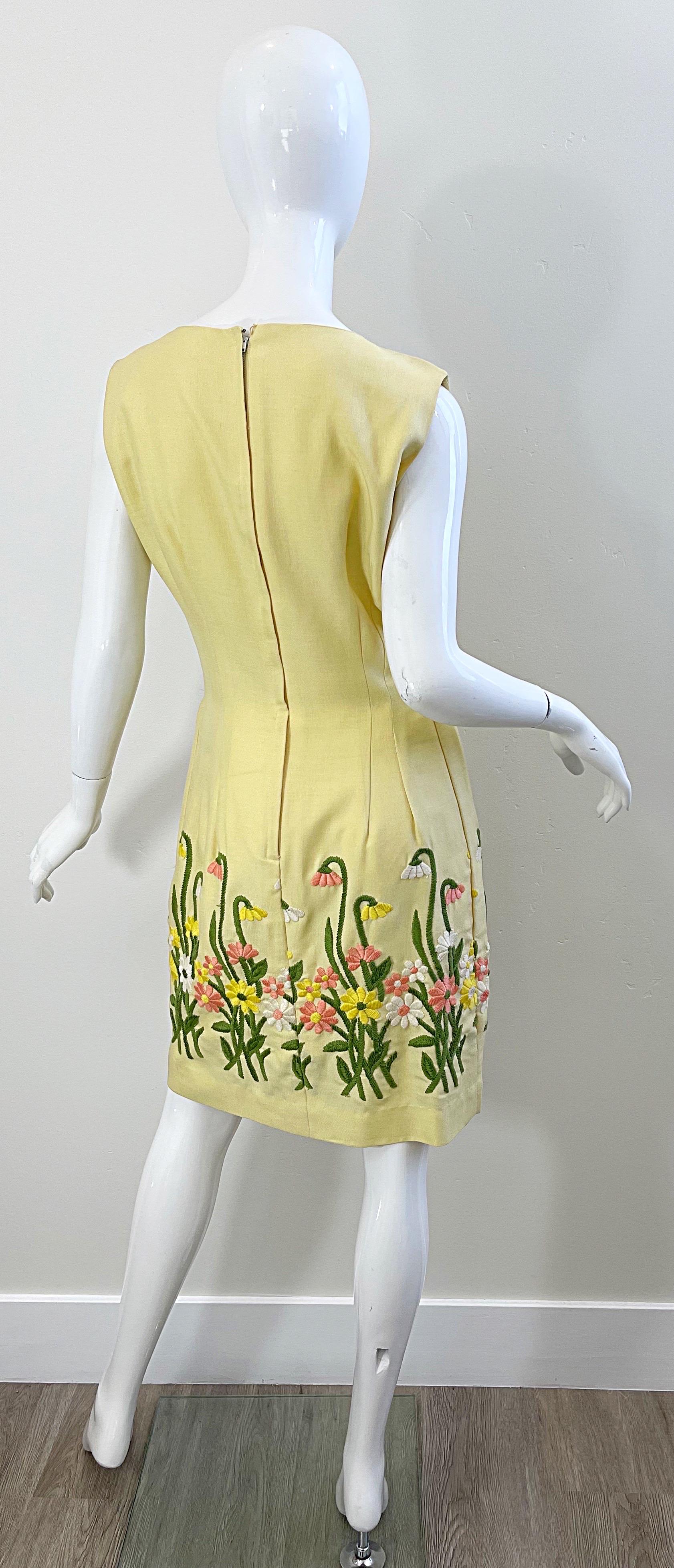 Chic 1960s Pale Yellow Embroidered Flower Linen Vintage 60s Sheath Dress For Sale 3