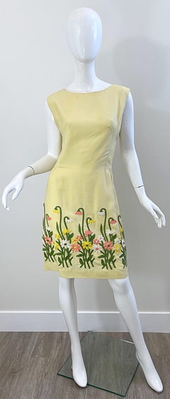 Chic 1960s Pale Yellow Embroidered Flower Linen Vintage 60s Sheath Dress