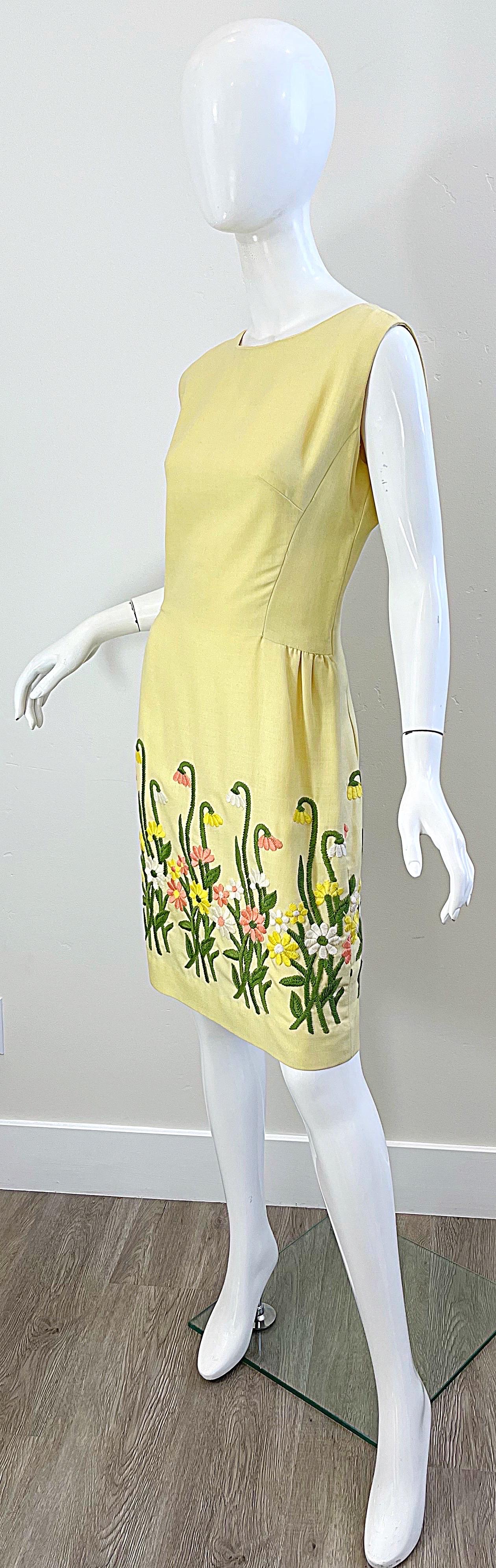 Beige Chic 1960s Pale Yellow Embroidered Flower Linen Vintage 60s Sheath Dress For Sale