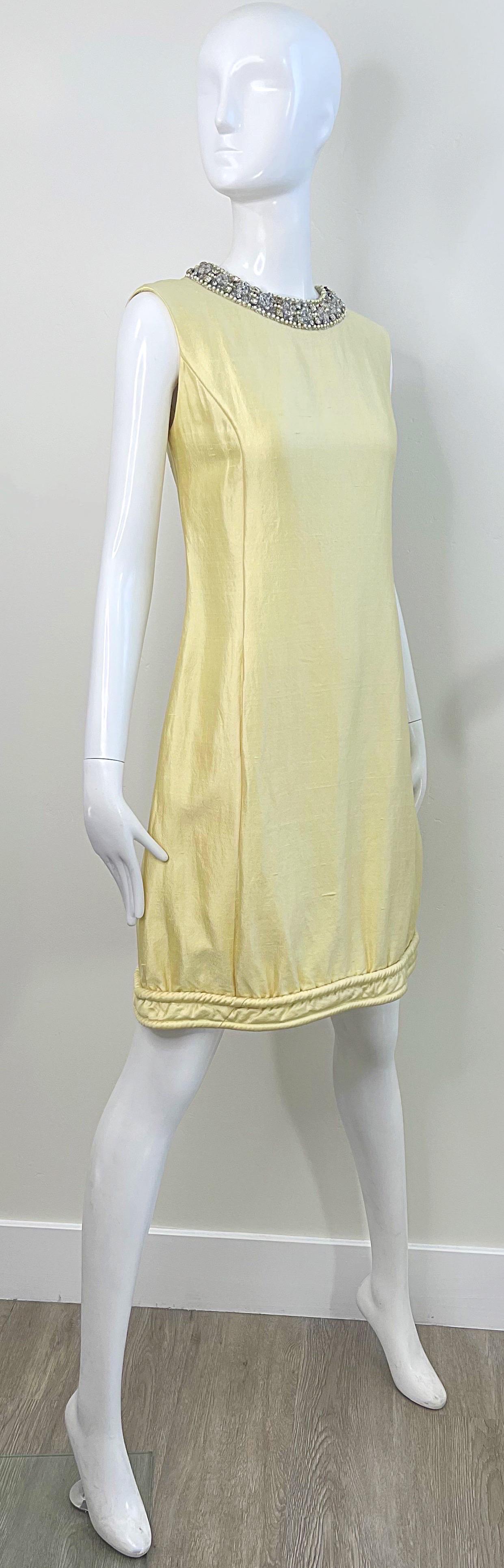 Chic 1960s Pale Yellow Silk Shantung Rhinestone Beaded Vintage 60s Shift Dress For Sale 3