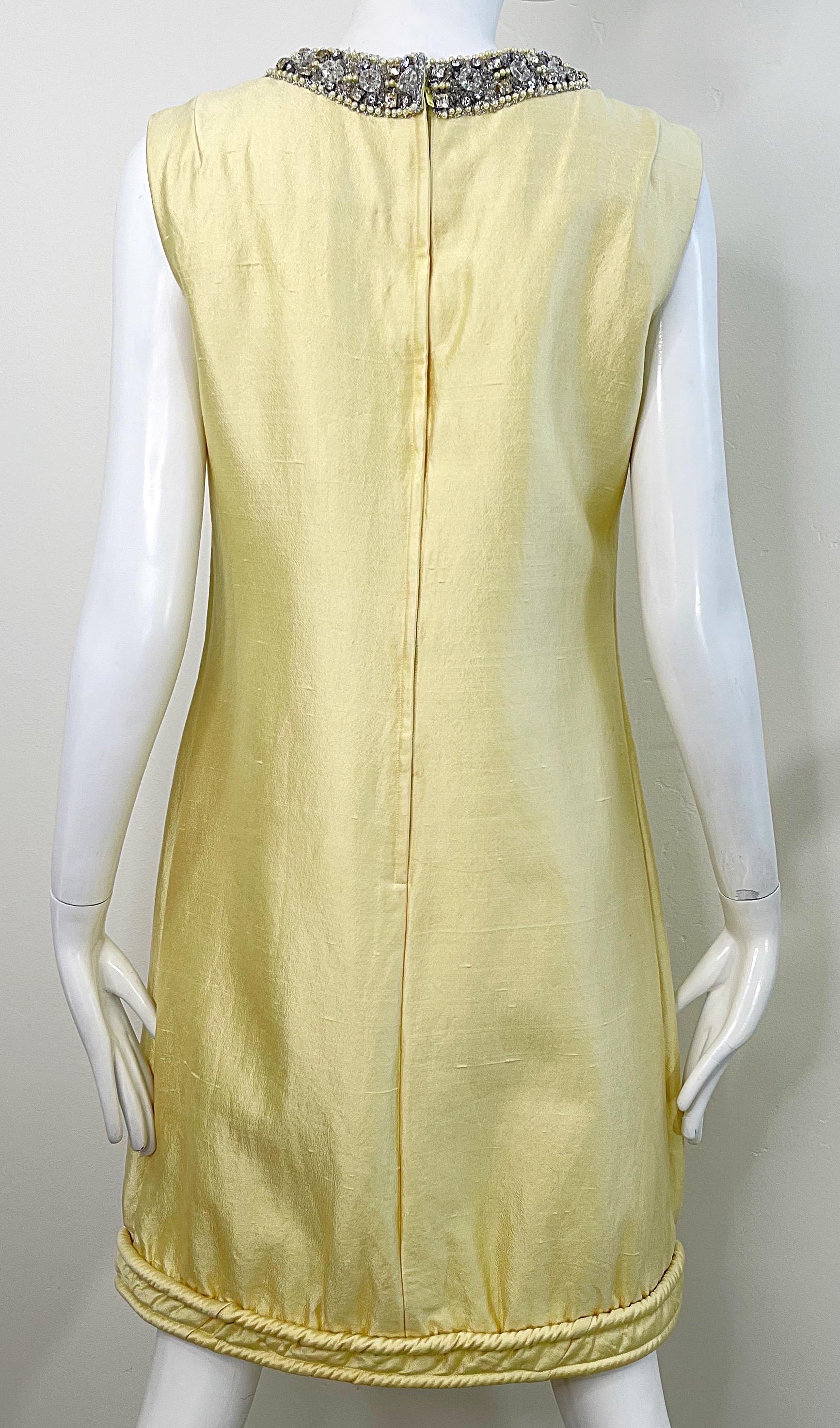 Chic 1960s Pale Yellow Silk Shantung Rhinestone Beaded Vintage 60s Shift Dress For Sale 4