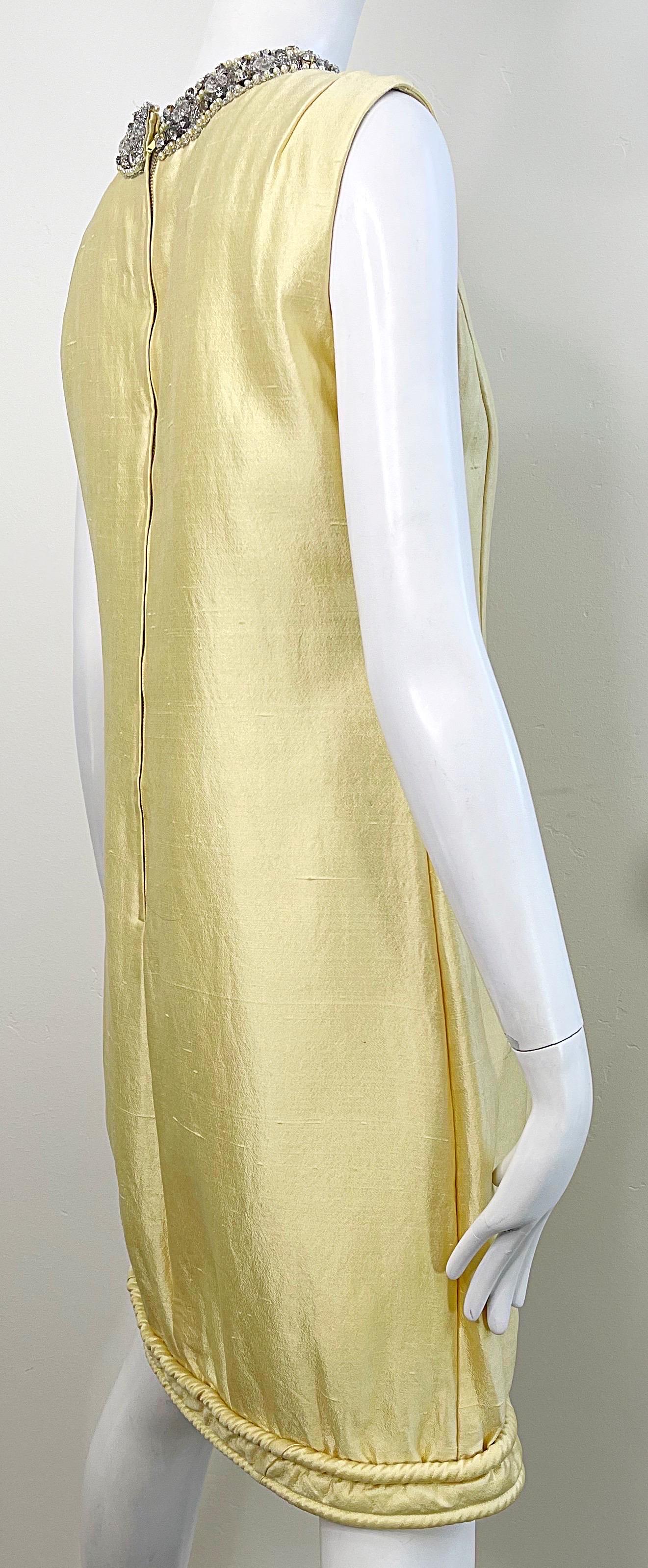 Chic 1960s Pale Yellow Silk Shantung Rhinestone Beaded Vintage 60s Shift Dress For Sale 6