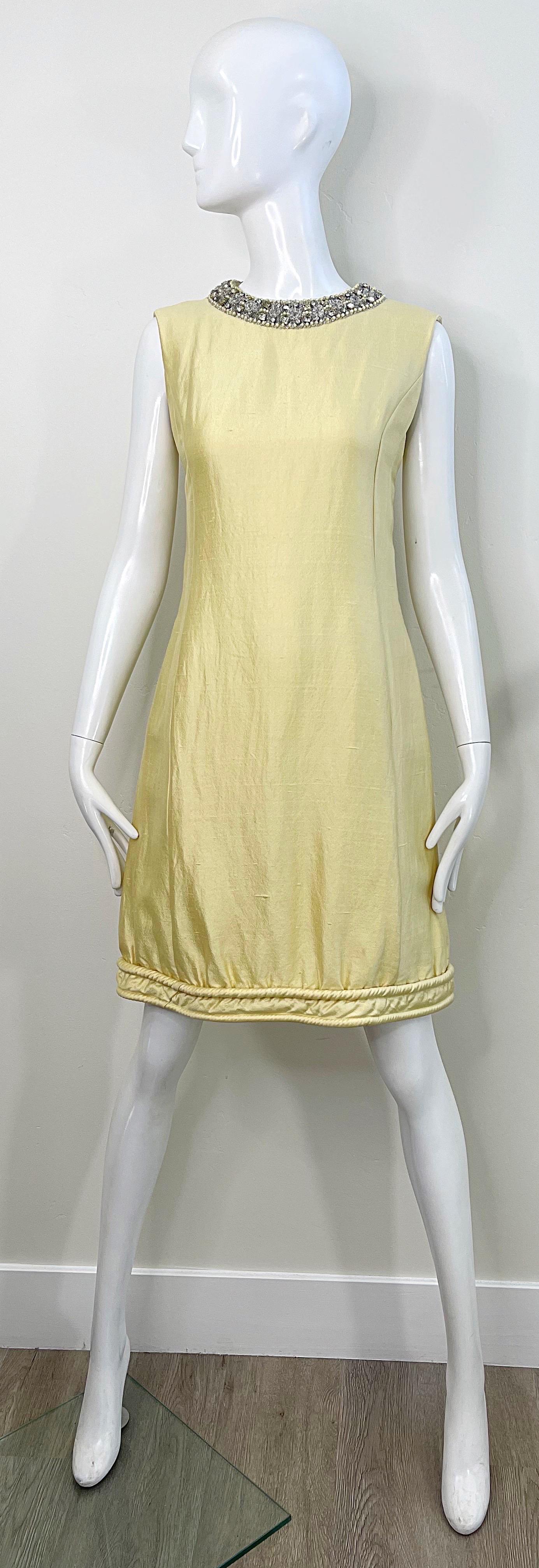 Chic 1960s Pale Yellow Silk Shantung Rhinestone Beaded Vintage 60s Shift Dress For Sale 7