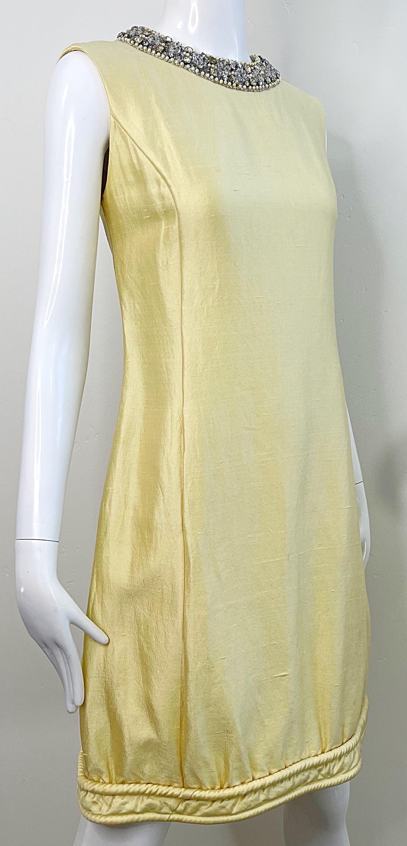 Beige Chic 1960s Pale Yellow Silk Shantung Rhinestone Beaded Vintage 60s Shift Dress For Sale