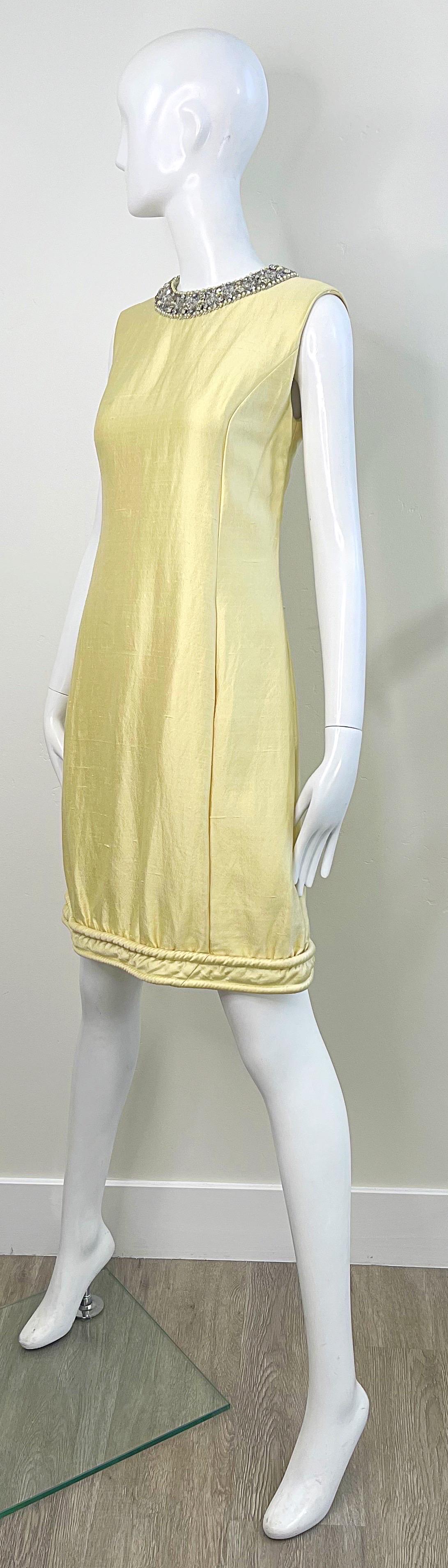 Chic 1960s Pale Yellow Silk Shantung Rhinestone Beaded Vintage 60s Shift Dress For Sale 1