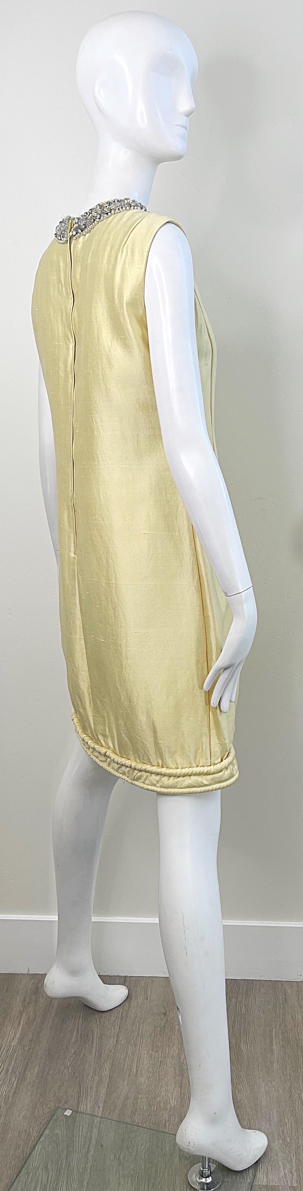 Chic 1960s Pale Yellow Silk Shantung Rhinestone Beaded Vintage 60s Shift Dress For Sale 2