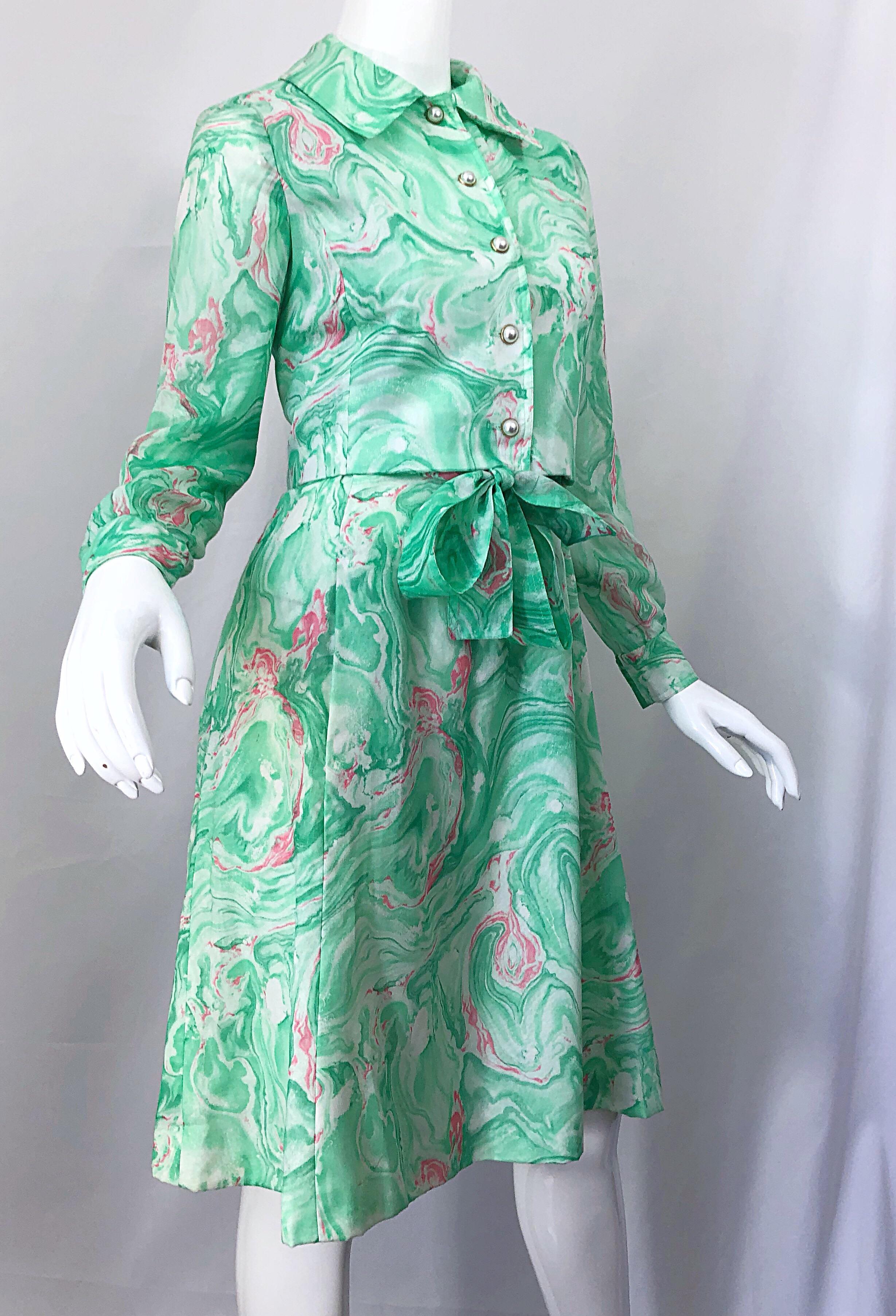 Chic 1960s Pastel Green and Pink Swirl Print A Line 60s Dress and Cropped Jacket 2