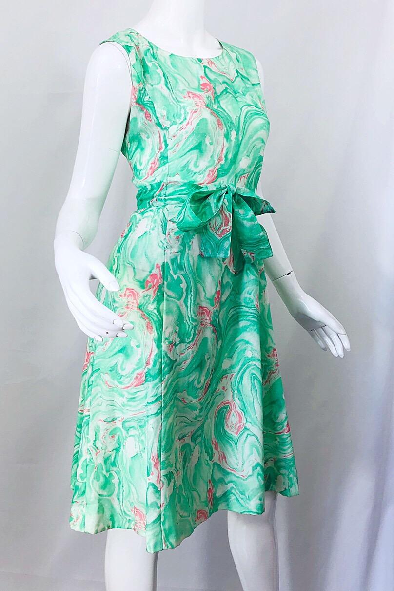 Chic 1960s Pastel Green and Pink Swirl Print A Line 60s Dress and Cropped Jacket 3