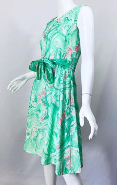 Chic 1960s Pastel Green and Pink Swirl Print A Line 60s Dress and Cropped Jacket