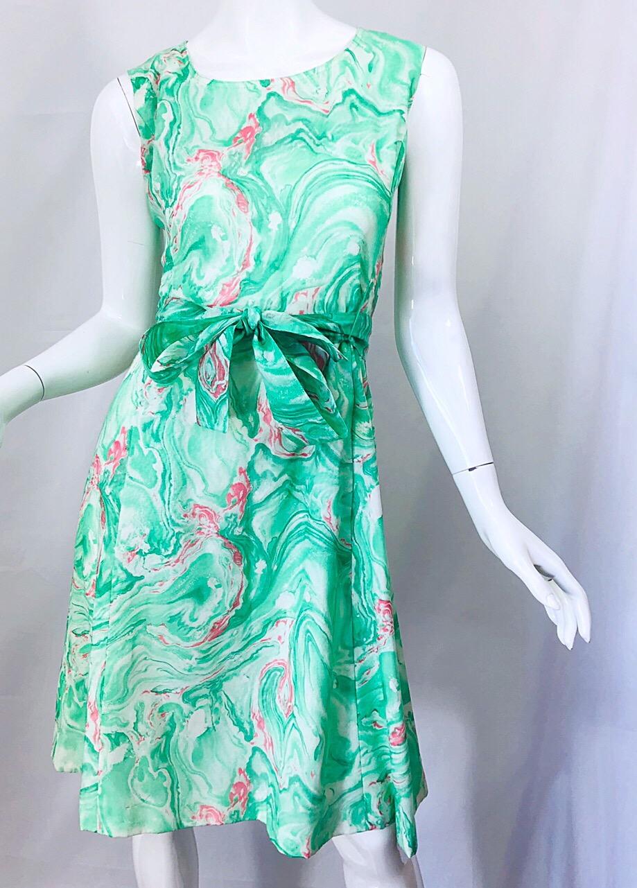 Blue Chic 1960s Pastel Green and Pink Swirl Print A Line 60s Dress and Cropped Jacket