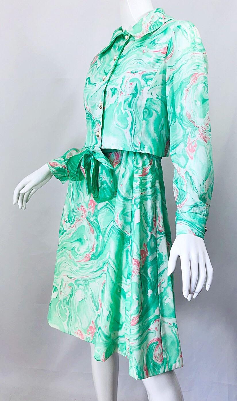 Women's Chic 1960s Pastel Green and Pink Swirl Print A Line 60s Dress and Cropped Jacket
