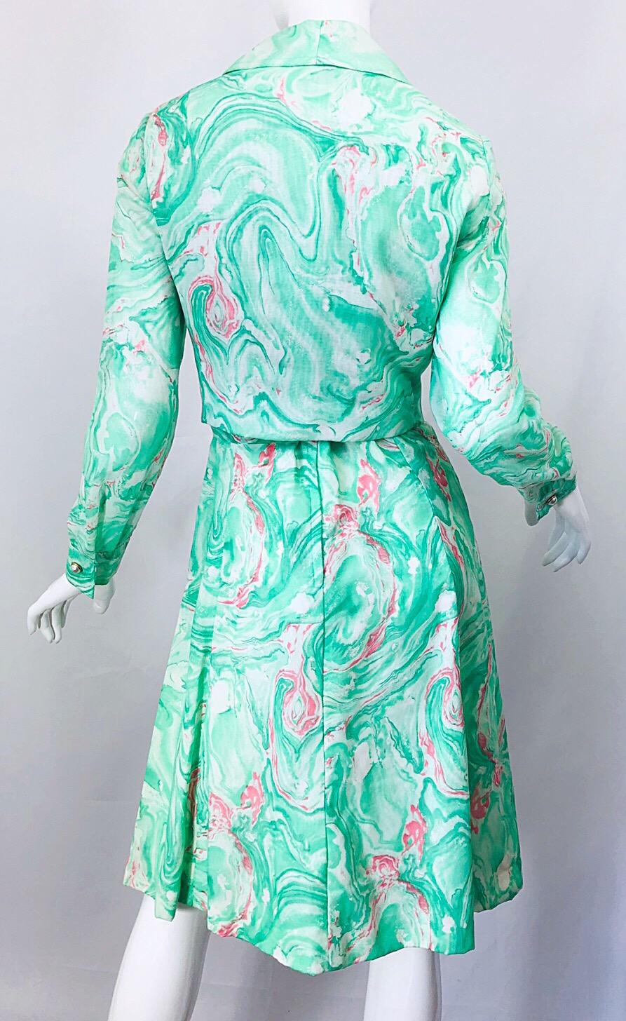 Chic 1960s Pastel Green and Pink Swirl Print A Line 60s Dress and Cropped Jacket 1