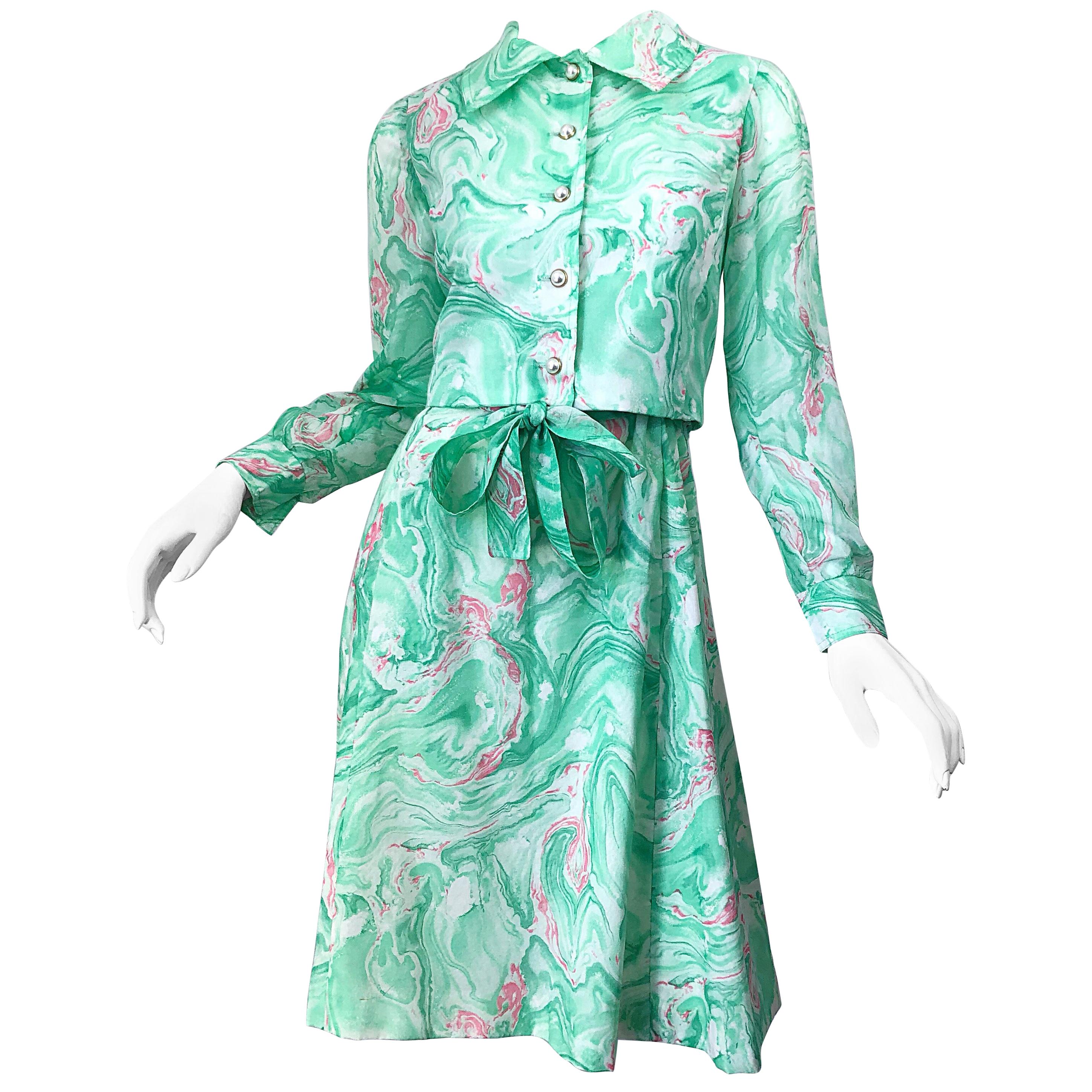 Chic 1960s Pastel Green and Pink Swirl Print A Line 60s Dress and Cropped Jacket
